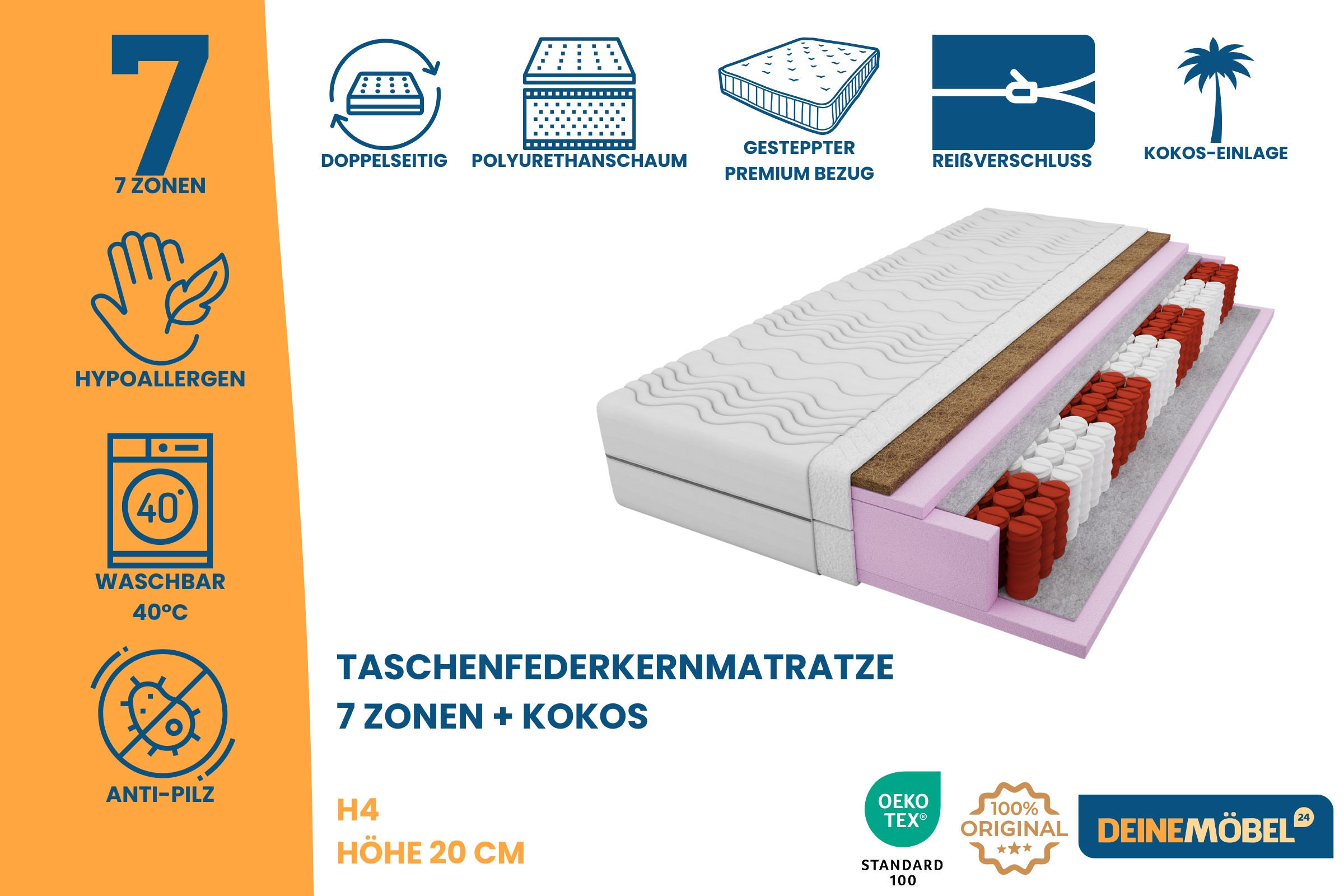 Thumbnail - Deine Möbel 24 Taschenfederkernmatratze, Weiß, Textil, H4, 120x200 cm, atmungsaktiv, antibakteriell, Schlafzimmer, Matra...