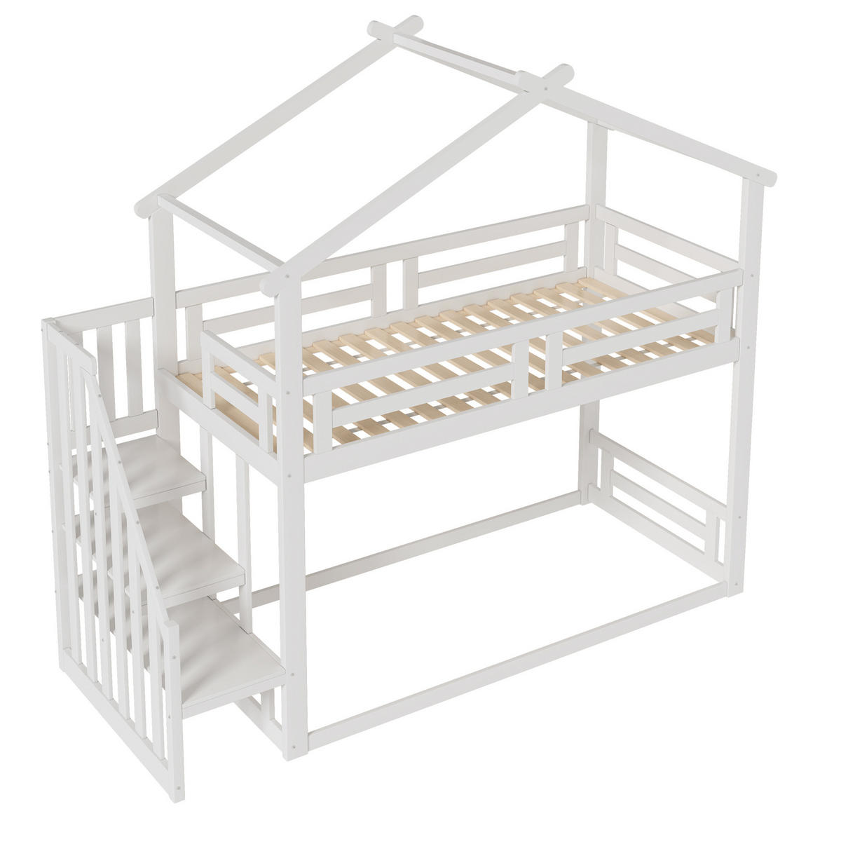 ETAGENBETT 90/200 cm mit Hausdesign, Sicherheitsleiter und Stauraumregal, Weiß - Weiß, Holzwerkstoff (90/200cm) - Redom