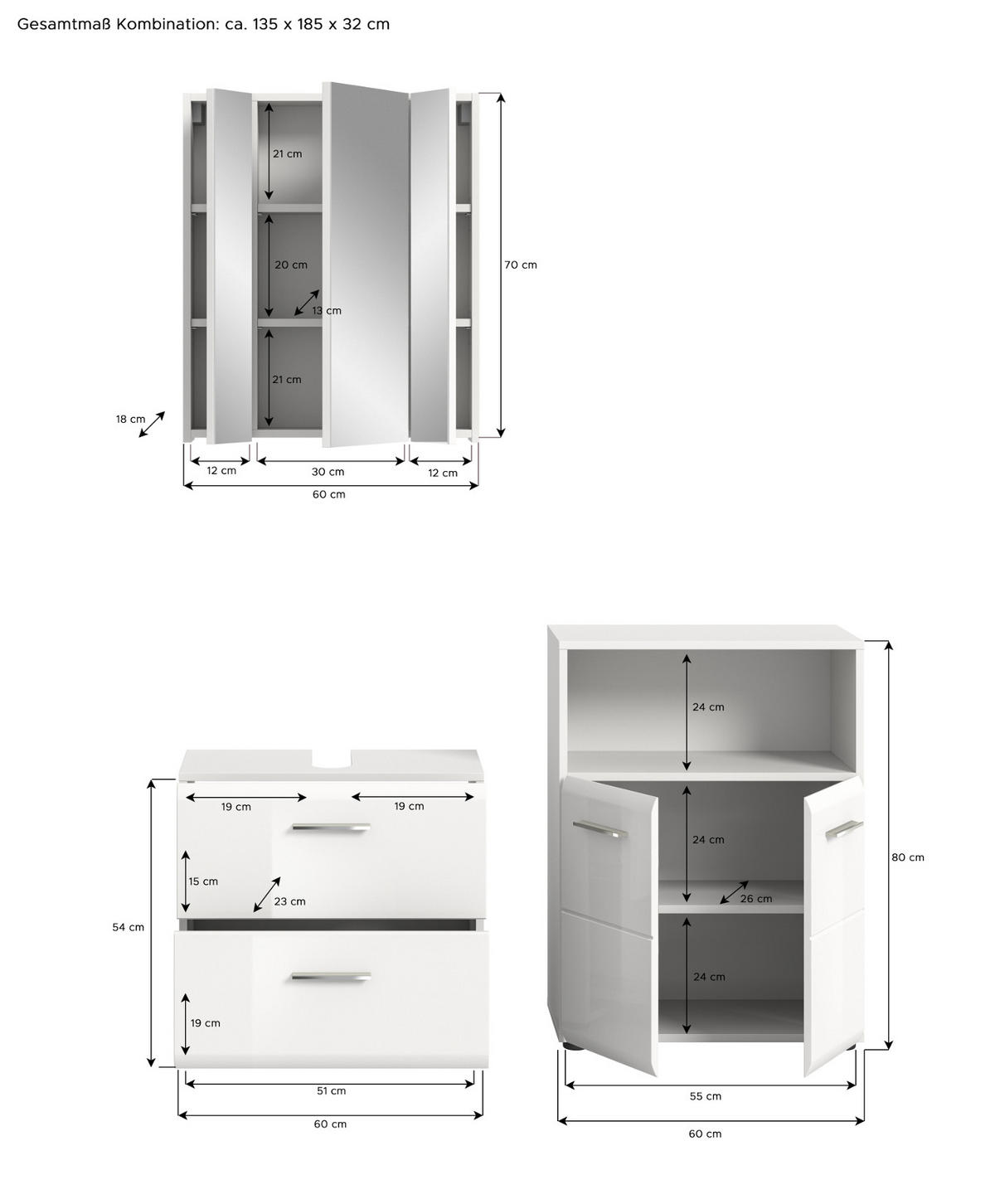 BADMÖBEL-SET weiß Hochglanz 3-teilig 135 cm, Badmöbel mit viel Stauraum - Weiß Hochglanz/Silberfarben, Glas/Holzwerkstoff (135/185/30cm) - Inn.Furn