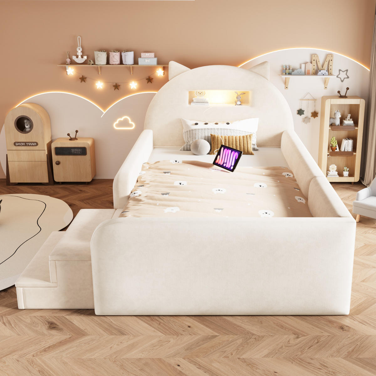 KINDERBETT 90/200 cm in Beige mit 4 Schubladen, USB und Nachtlicht Samt - Beige, Holzwerkstoff/Textil (90/200cm) - STILVORA