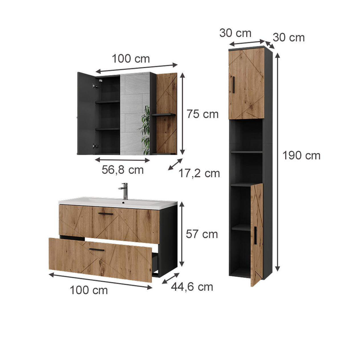 SESTAVA KOUPELNOVÉHO NÁBYTKU Irma Antracit/Artisan - antracitová/dub artisan, kompozitní dřevo (100/57/44.6cm) - Vicco