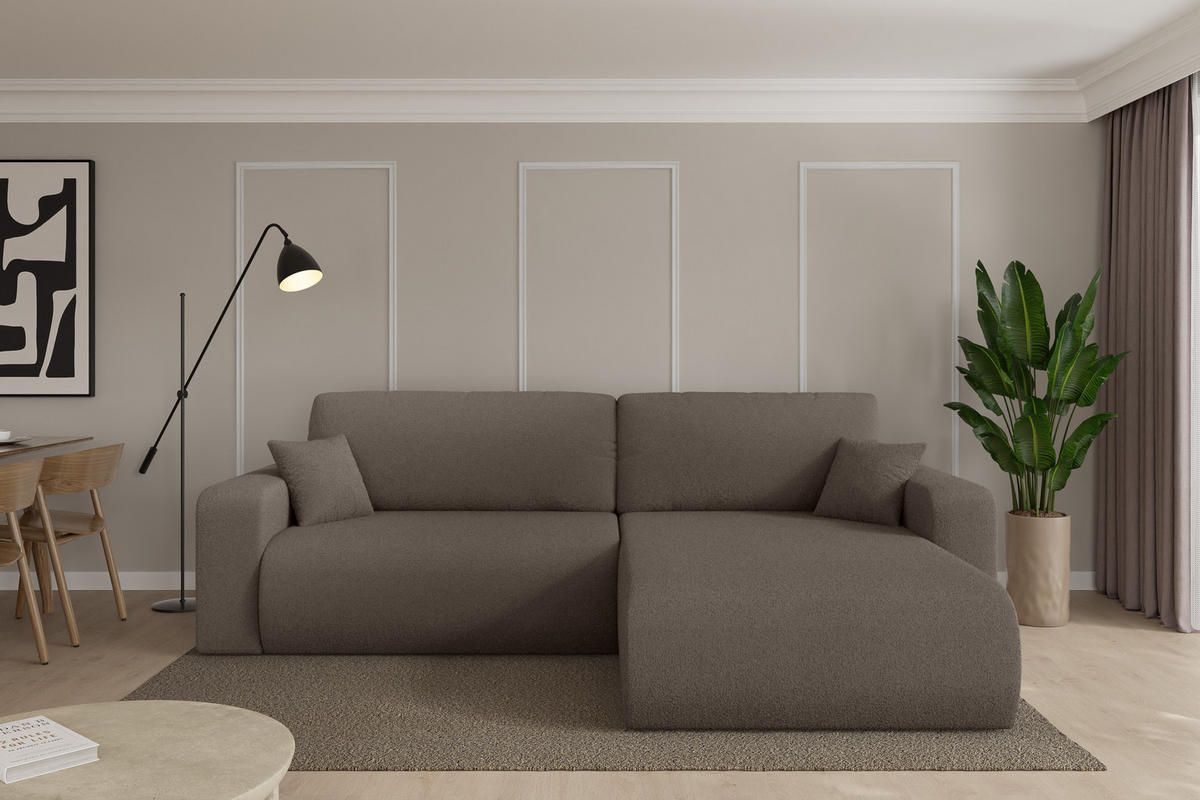 ROHOVÁ SEDAČKA s funkcí spaní, otoman vpravo BERY-L 276x193x88 hnědá bouclé - černá/hnědá, kompozitní dřevo/textil (276/193cm) - ALTDECOR