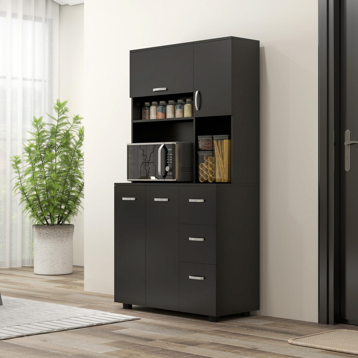 BUFFET DE-11116 4 Türen & 3 Schubladen mit Arbeitsplatte Schwarz - Schwarz, Holzwerkstoff (39.5/168/89cm) - ComfortXL