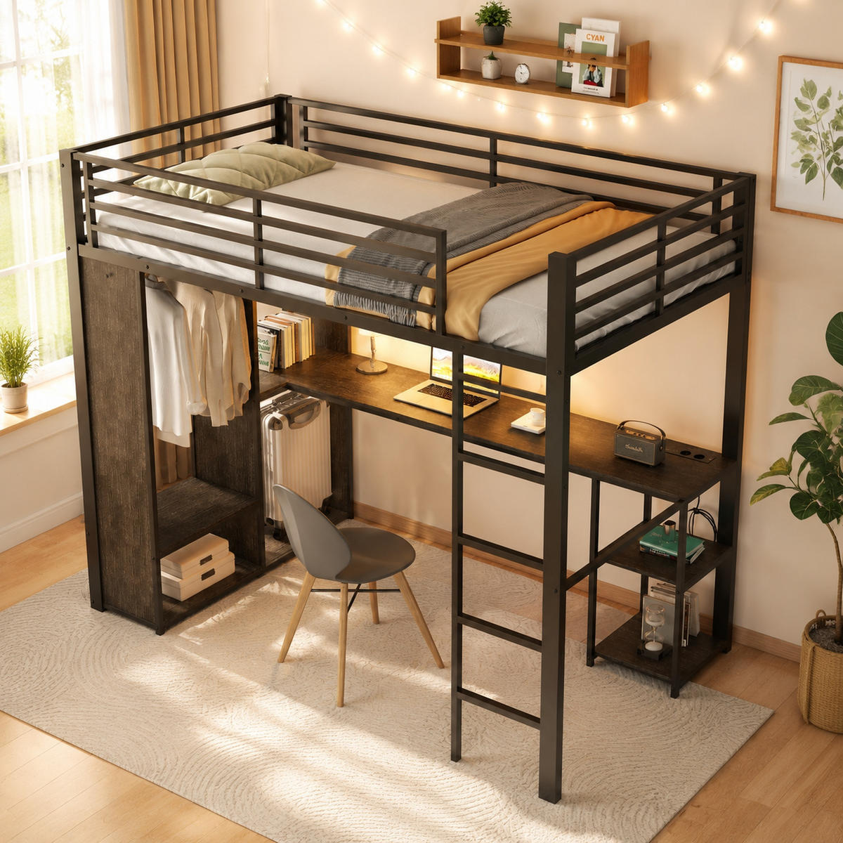 HOCHBETT 90/200 cm mit Schreibtisch und LED, DE-41973, in Schwarz - Schwarz, Metall (90/200cm) - ComfortXL
