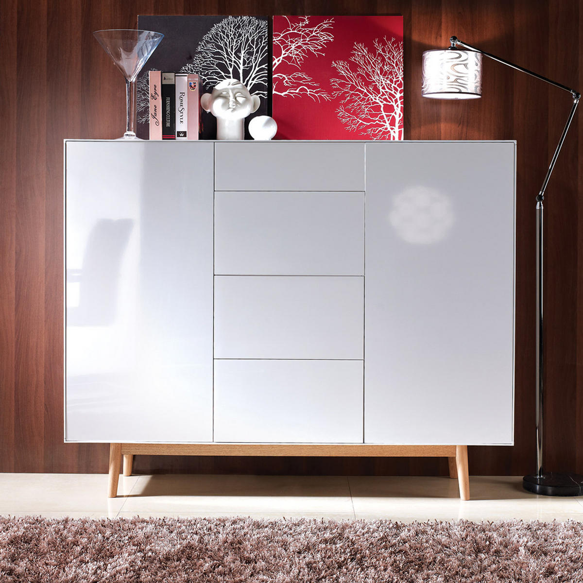 HIGHBOARD mit 4 Schubladen - Weiß / Eiche - 160 x 128 x 40 cm - Eichefarben/Weiß, Eichenholz/Holz (160/128/40cm) - home24