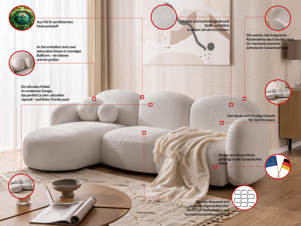 ECKSOFA Nuvola mit abgerundetem Design Weiß Bouclé-Stoff - Ottomane Links - Schwarz/Weiß, Holz/Kunststoff (268/146cm) - S-Style Möbel