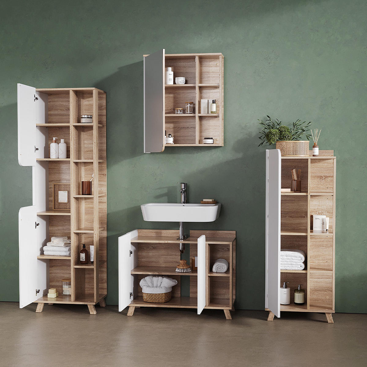 KOMPLET KOPALNIŠKEGA POHIŠTVA Marano, Sonoma/Bela, 4-delni - bela/hrast sonoma, leseni material (80/65/35cm) - Livinity®