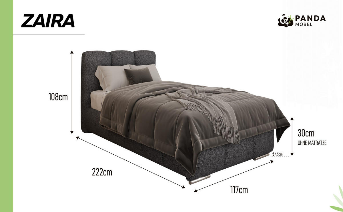 POLSTERBETT Zaira 90 x 200 cm mit Bettkasten und Lattenrost taschenfederkernmatratze 19cm - schwarz - Schwarz, Holz (90/200cm) - Panda Möbel