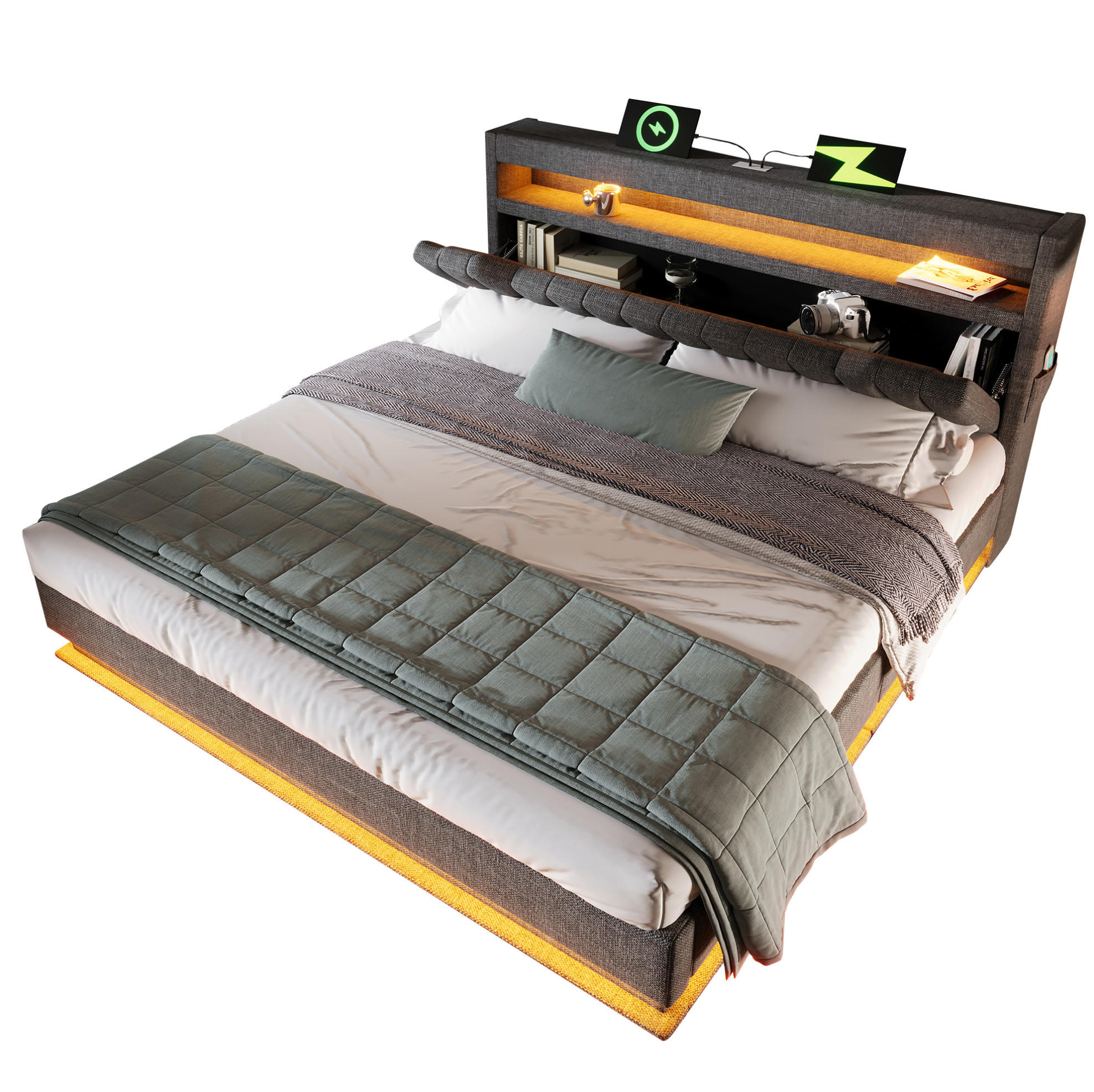POLSTERBETT 180/200 cm mit LED, USB-C, Stauraum-Kopfteil und hydraulischem Bettkasten, Leinen, Grau - Grau, Textil (180/200cm) - Redom