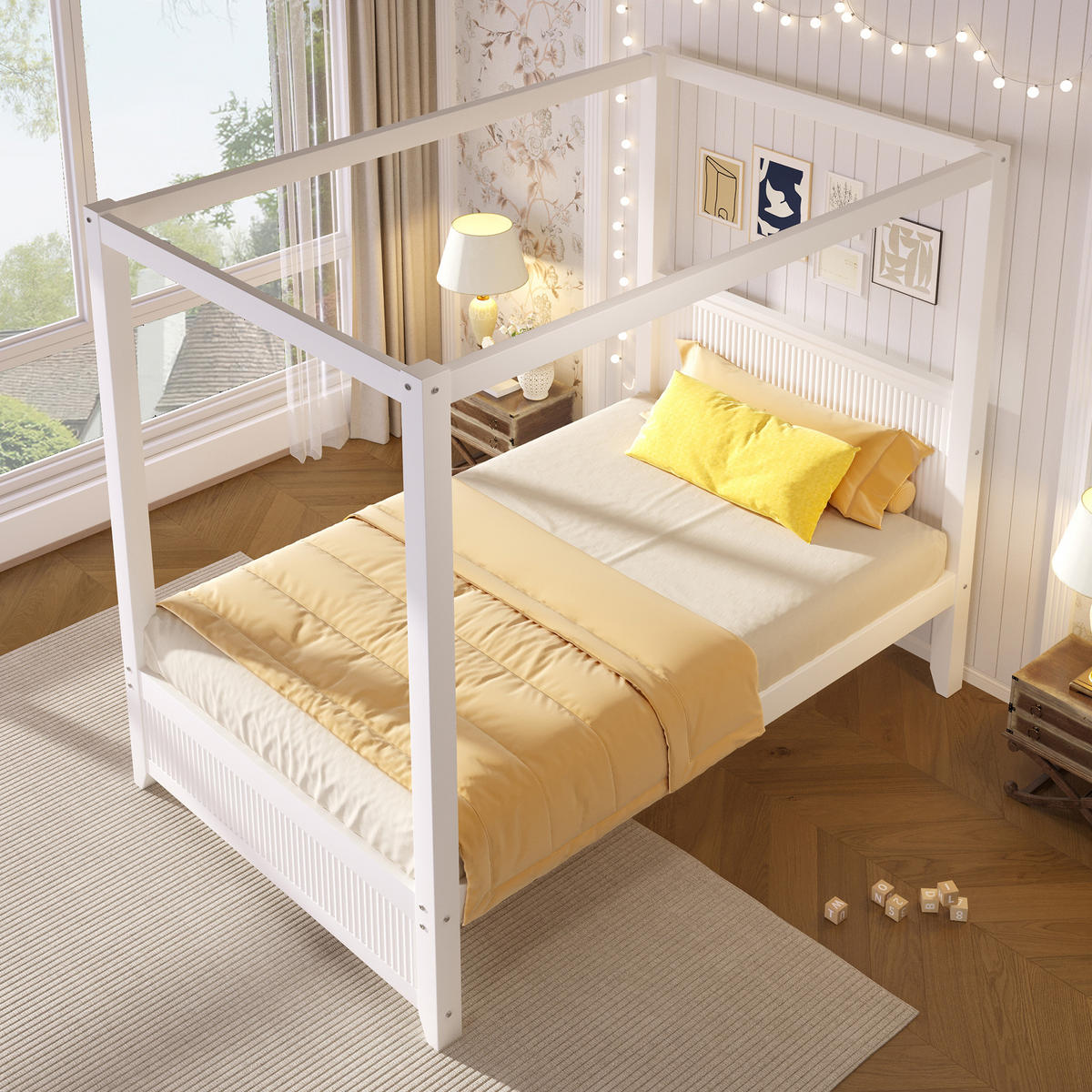 HIMMELBETT 90x200 cm mit dekorativem Dachrahmen, Weiß - Weiß, Holz (90/200cm) - KOMHTOM