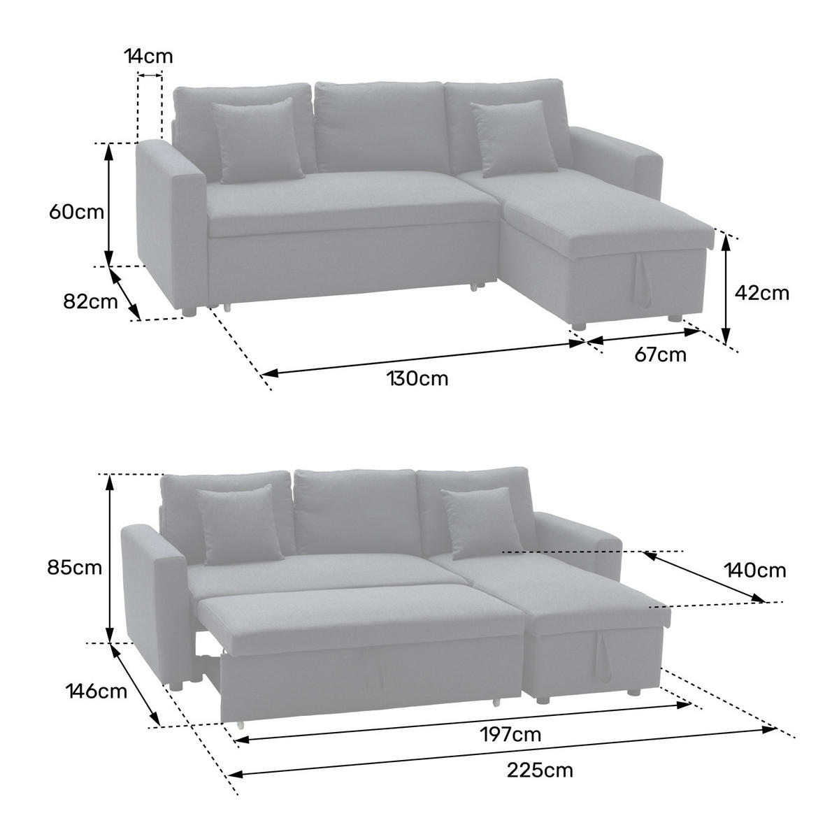 ECKSOFA CLARK Grau meliert 3 Plätze - Grau, Textil (225/146cm) - Happy Garden