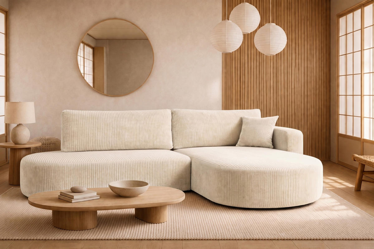 ECKSOFA Mit Schlaffunktion Und Bettkasten, Cordstoff Poso, Beige, Rechts, ROUND ONE OPEN XL - Creme, Holz (262/175cm) - Kaiser Möbel