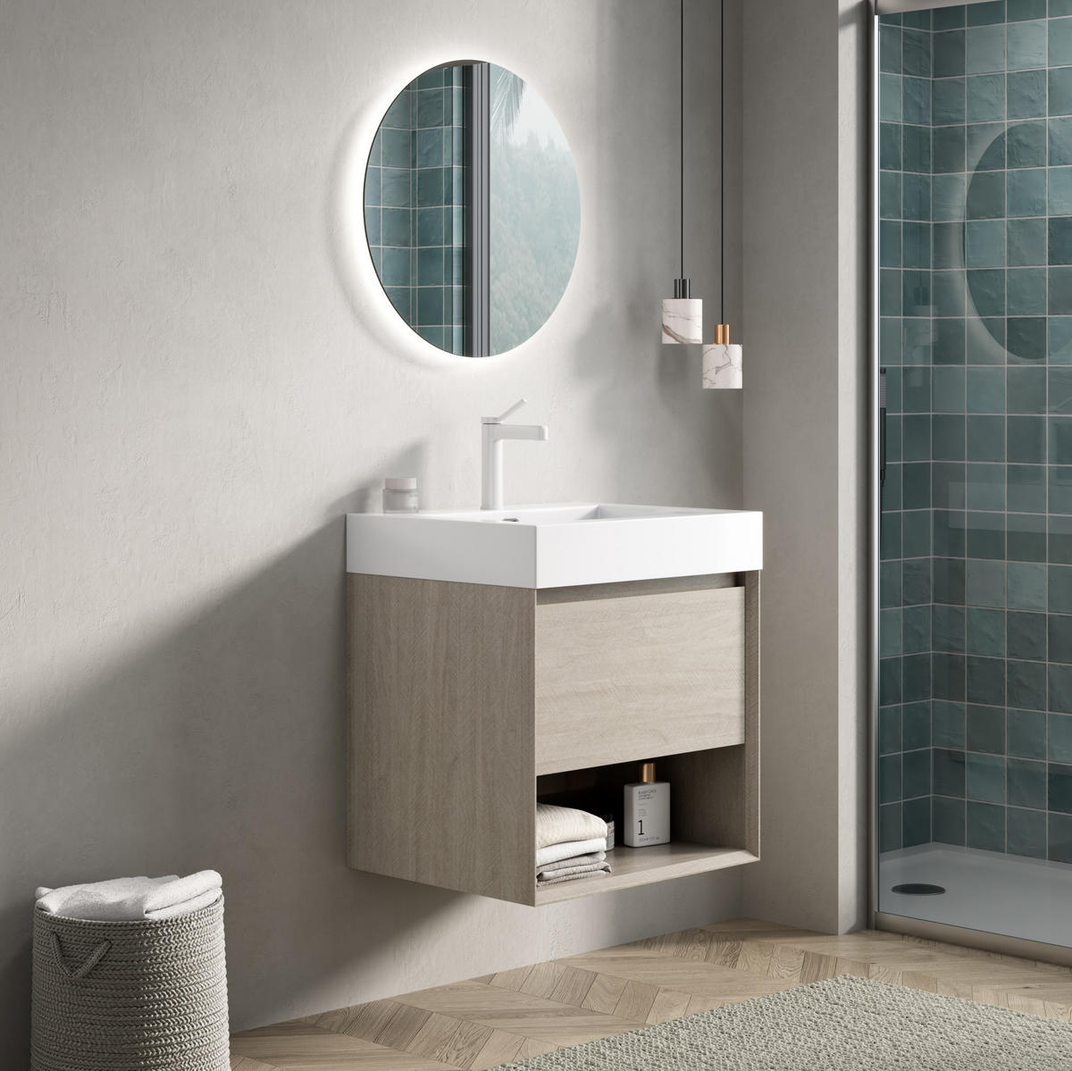 WASCHTISCHKOMBI 55x46x60cm Helle Eiche/Weiß mit Resinbecken & Massivholzfront - Creme, Kunststoff (55/60/46cm) - Modfu