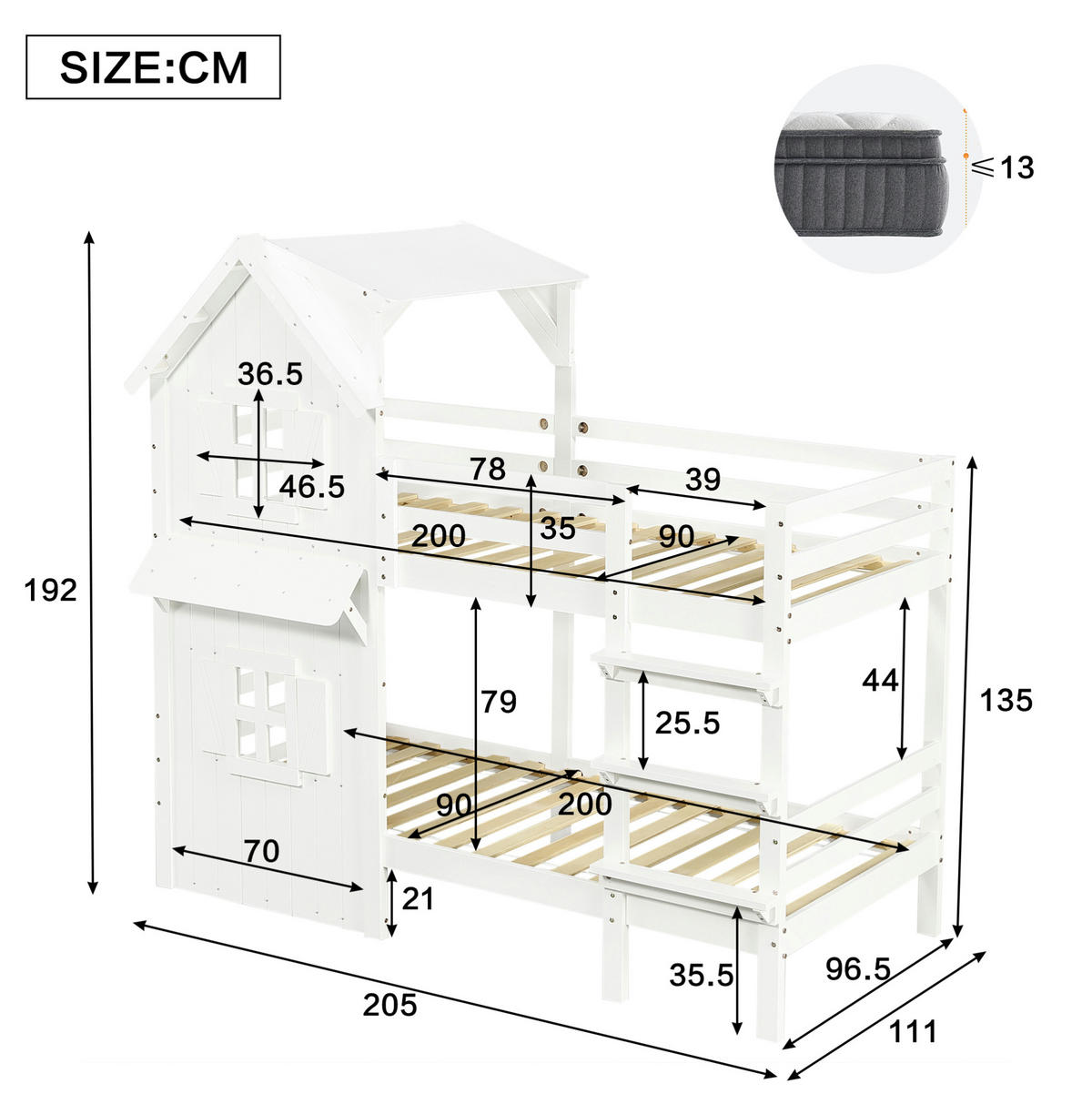 HAUSBETT 90/200 cm Weiß mit Dach, Fenstern und Sicherheitsgeländern - Weiß, Holzwerkstoff (90/200cm) - Flora Grace