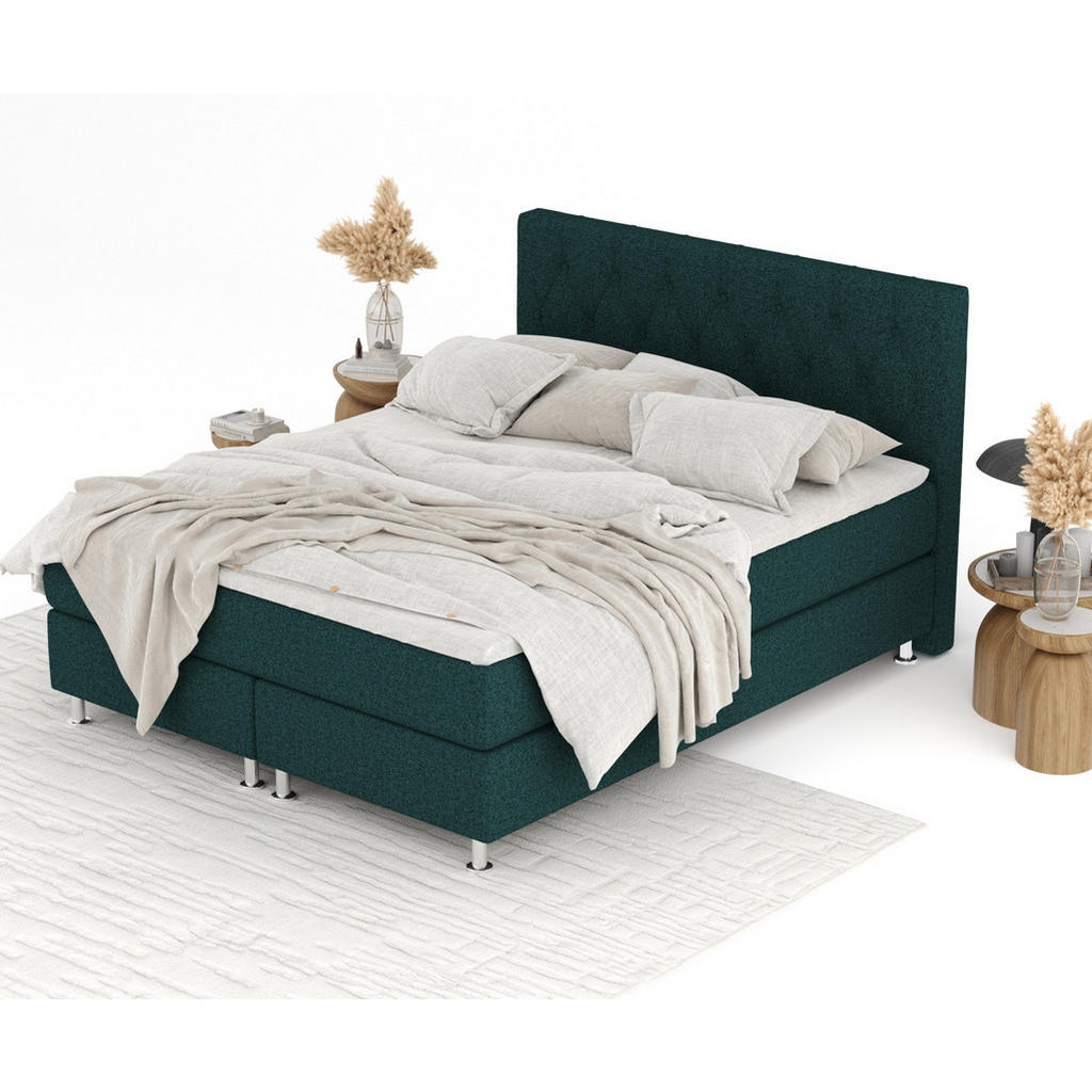Thumbnail - Maison de Reve Boxspringbett, Grün, Textil, Buche, Kiefer, H3, Höhe ca. 21 cm, 140x200 cm, FSC 100%, Made in EU, Oeko-Te...