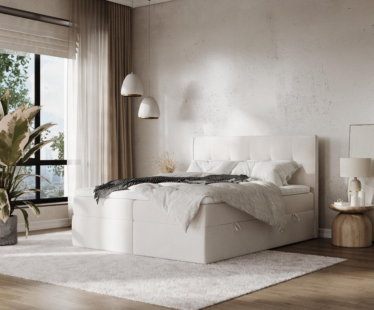 BOXBETT Mireo 140/200 cm Creme im Paros Stoff - Creme/Schwarz, Holz/Holzwerkstoff (140/200cm) - AltaBeds
