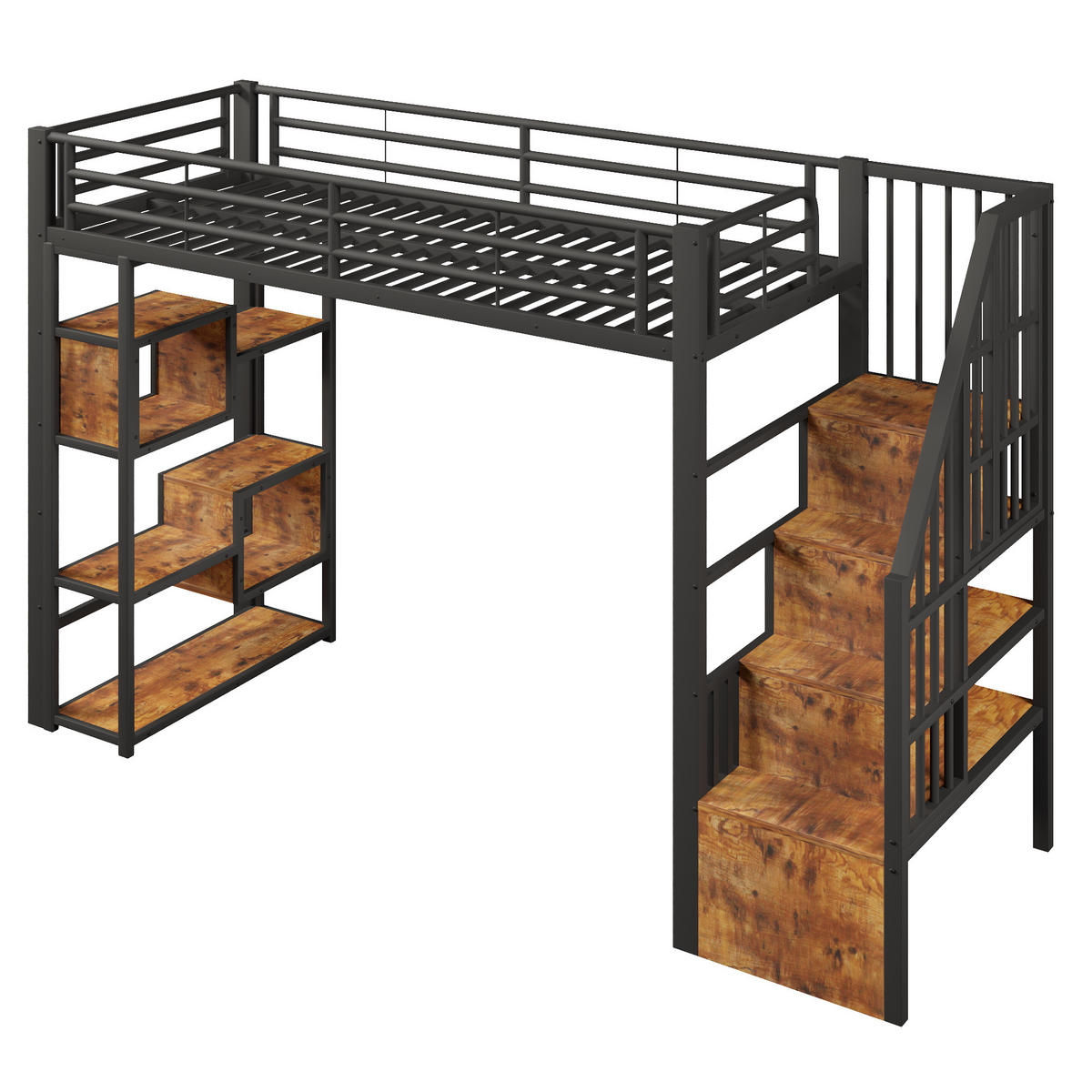 HOCHBETT 90x200cm, Eisen, Ablage, Stufen, Geländer, LED, Stauraum, ohne Matratze, Schwarz - Schwarz, Holzwerkstoff (90/200cm)
