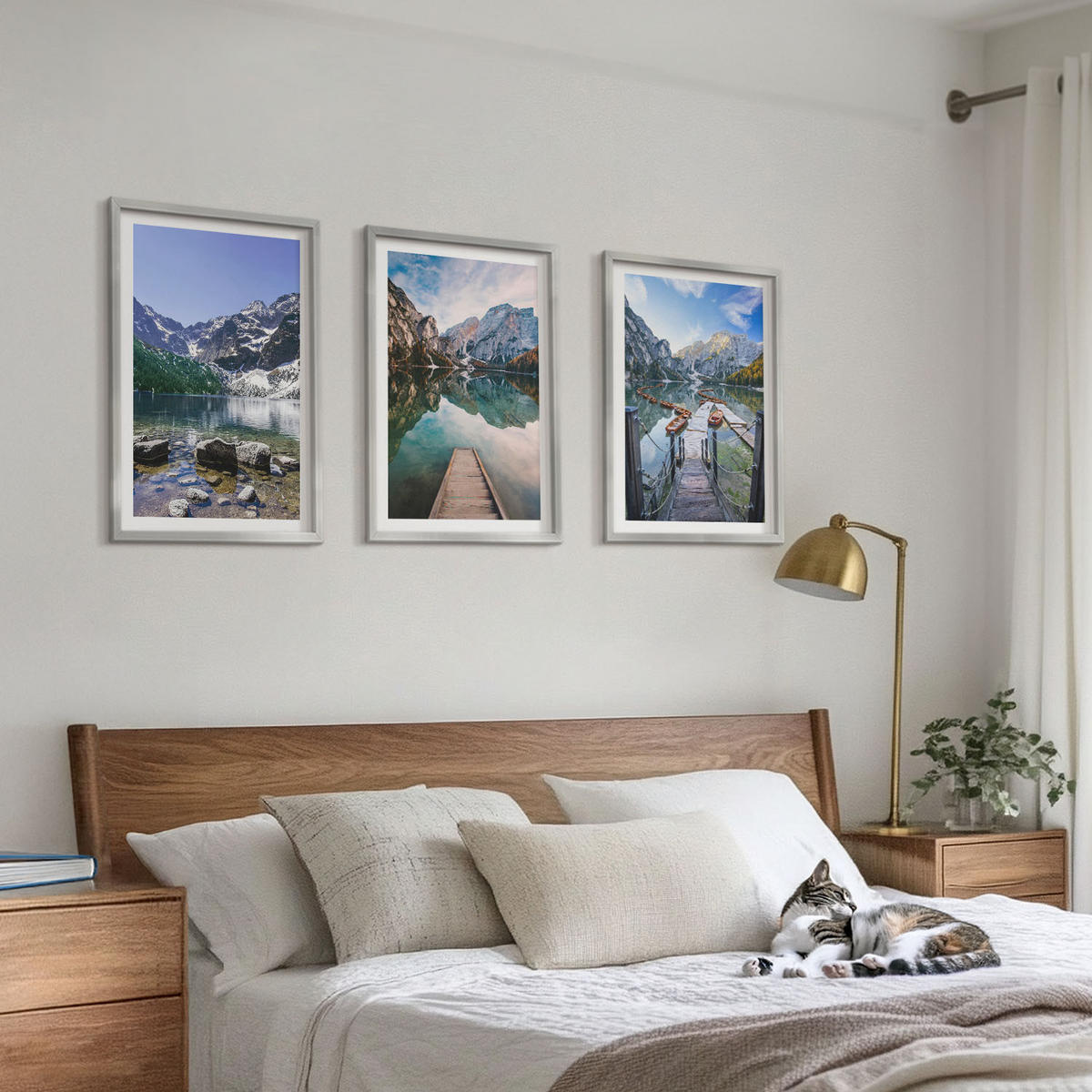 WANDBILDER 3er Set - 40x60 cm Silberner Rahmen - Berge, Seen, Holzstege - Silberfarben, Kunststoff (40/60cm) - ArtPrintCave