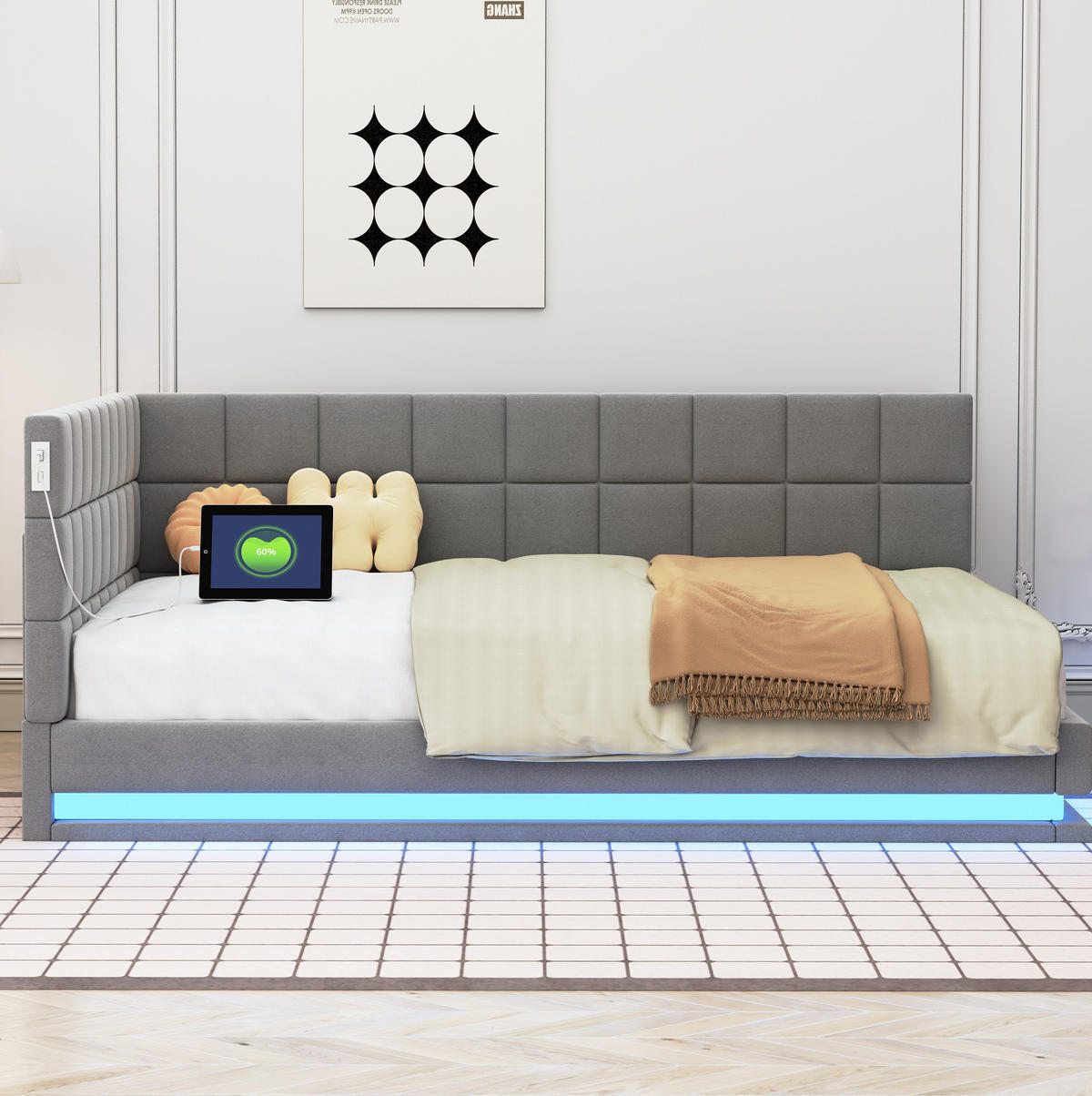 POLSTERBETT 140/200 cm grau aus Leinen mit LED und USB - Grau, Textil (140/200cm) - OKWISH