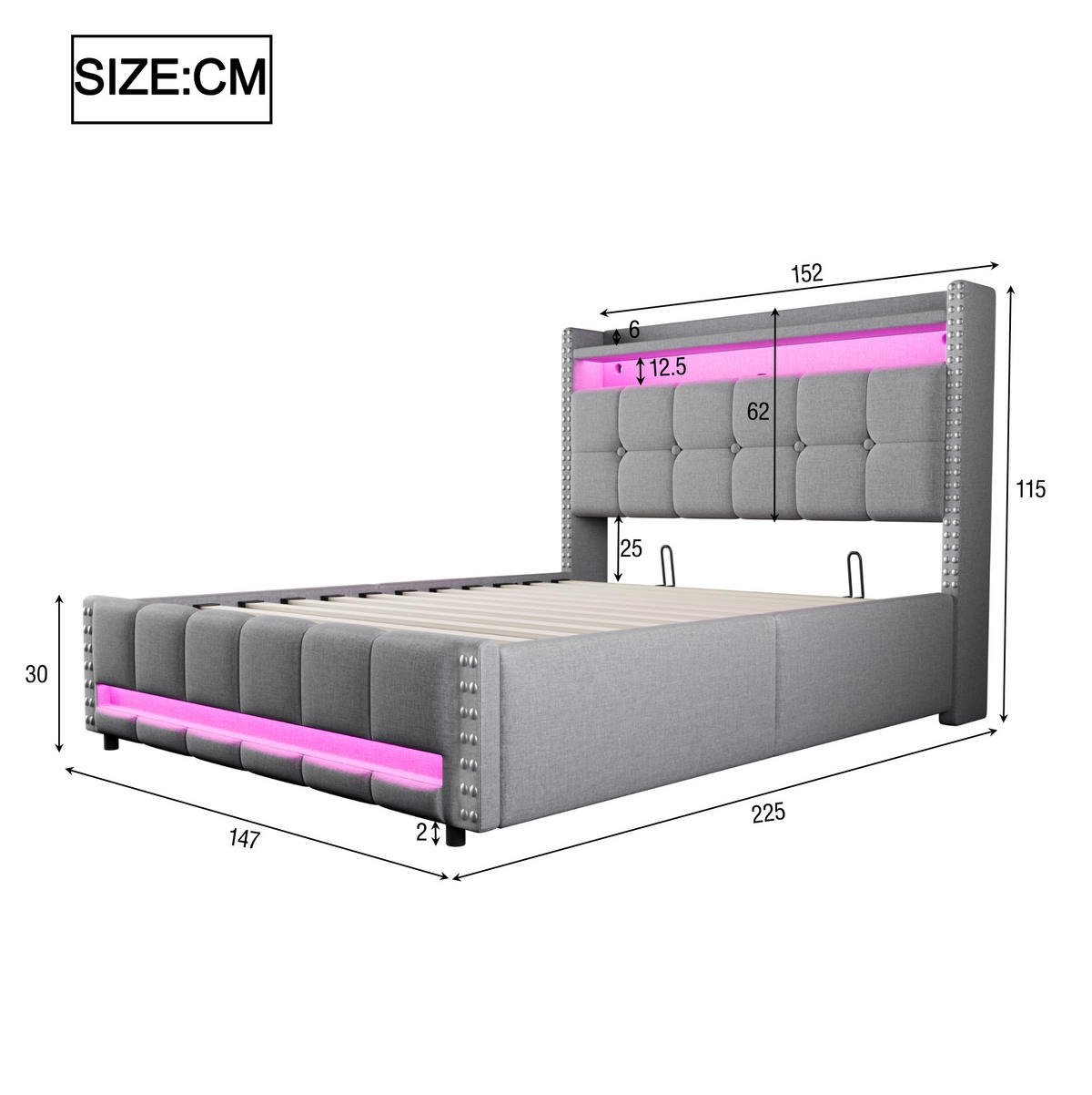 ČALÚNENÁ posteľ z ľanovej látky 140x200 cm svetlosivá s LED osvetlením, USB portom a úložným priestorom - svetlosivá, textil (140/200cm) - Modfu