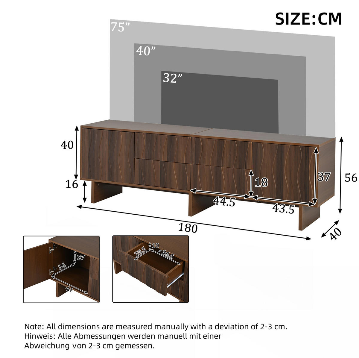 TV ormarić od iverice 180x40x56 cm tamni orah s 4 ladice, 2 vrata i valovitim dizajnom - smeđa, drvni materijal (180/56/40cm) - Modfu