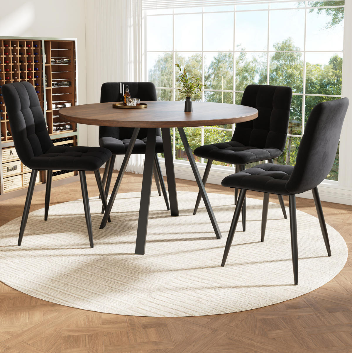 ESSTISCH 80x80x75 cm in Schwarz aus MDF mit Walnussoptik auf schwarzen Metallbeinen - Schwarz, Holzwerkstoff (80/80/75cm) - Modfu