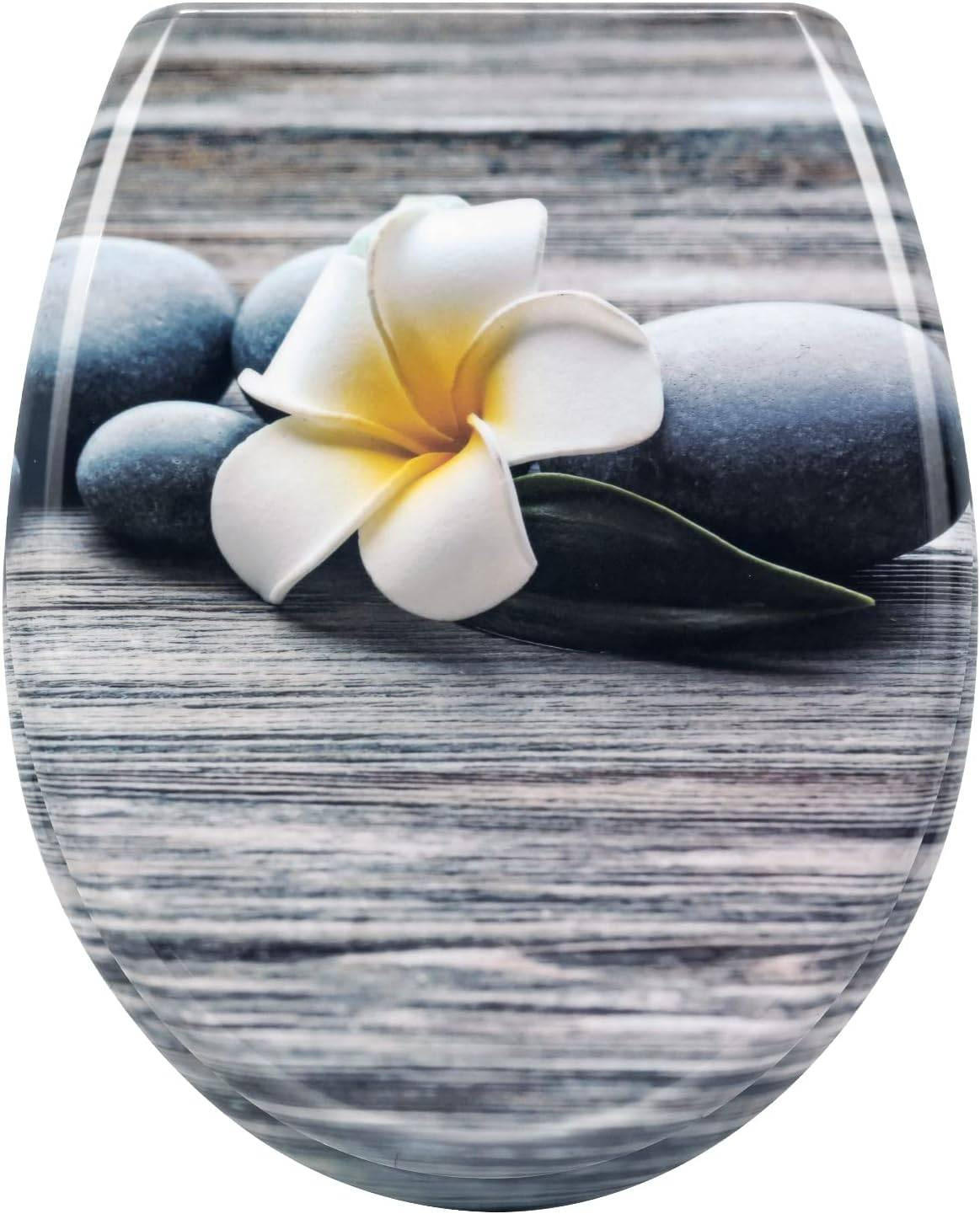 WC SITZ mit Absenkautomatik,Antibakteriell,Weiße Frangipani - Weiß/Grau, Kunststoff (37/2.51/45cm) - Woltu