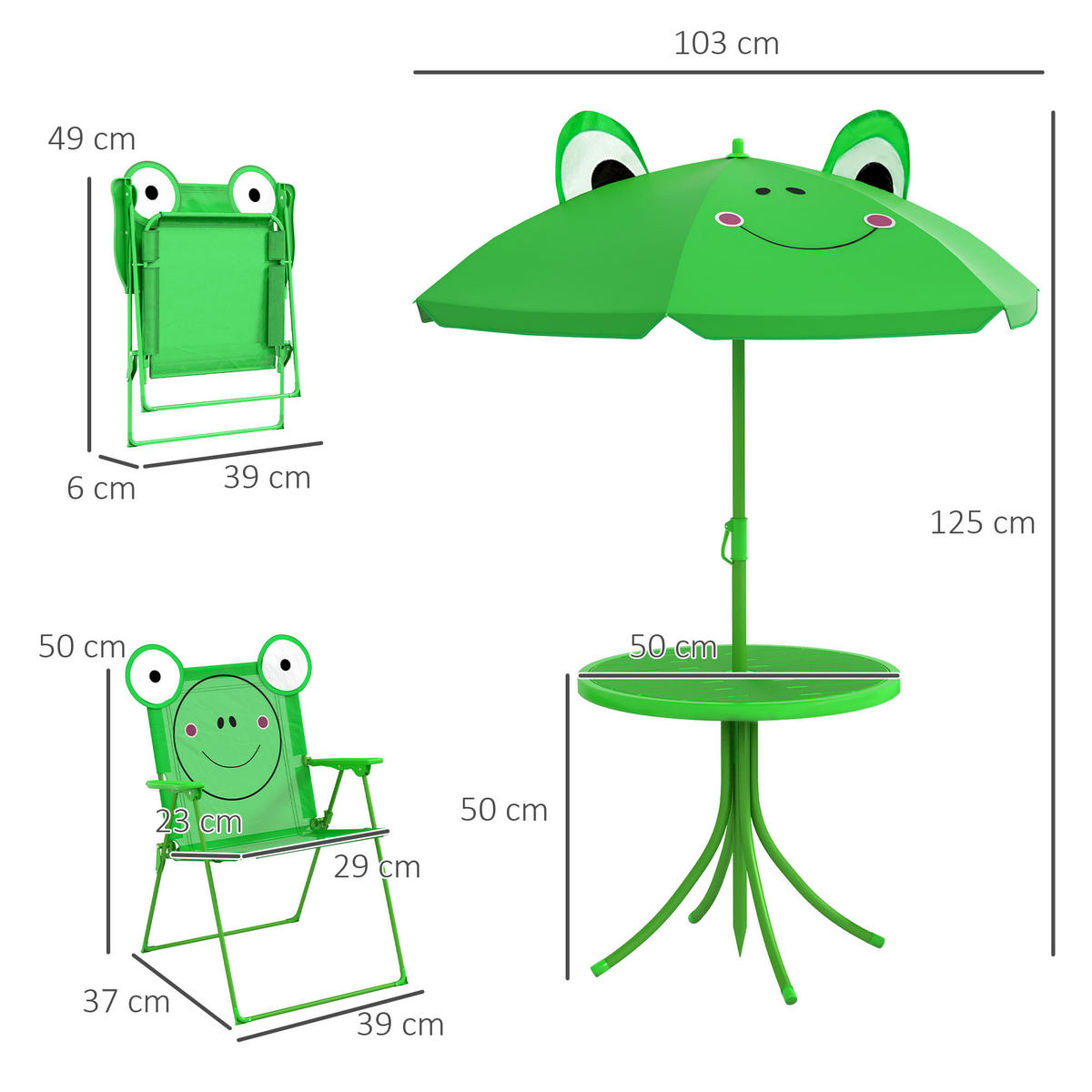 KINDERSITZGRUPPE DE-17546 Frosch-Design mit Sonnenschirm Grün - Grün, Metall (50/46/50cm) - ComfortXL