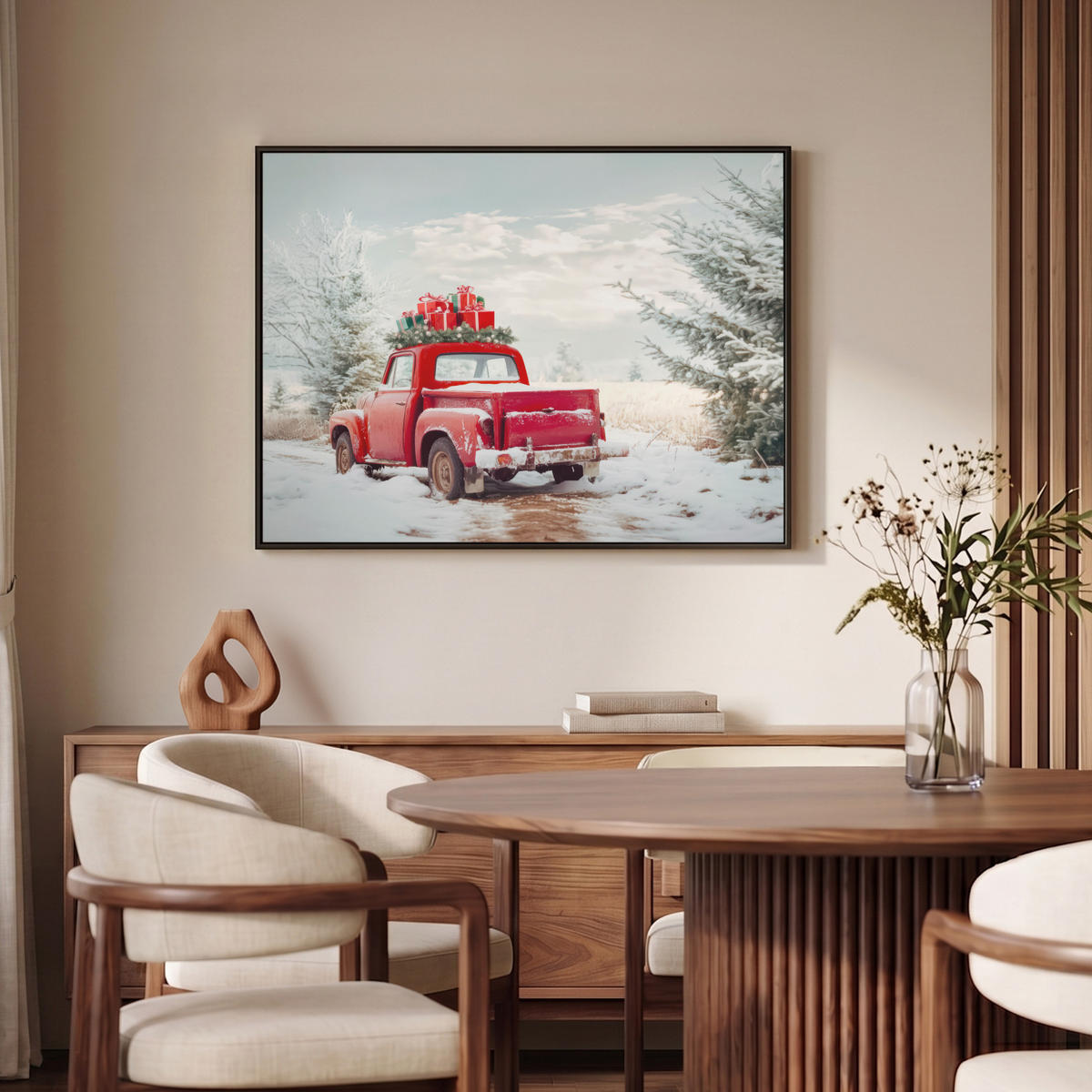 LEINWAND Bilder mit Rahmen - Auto - Rot - Geschenke - Winter - Schnee - Weihnachten - 100x70 - Rot, Textil (100/70cm) - MuchoWow