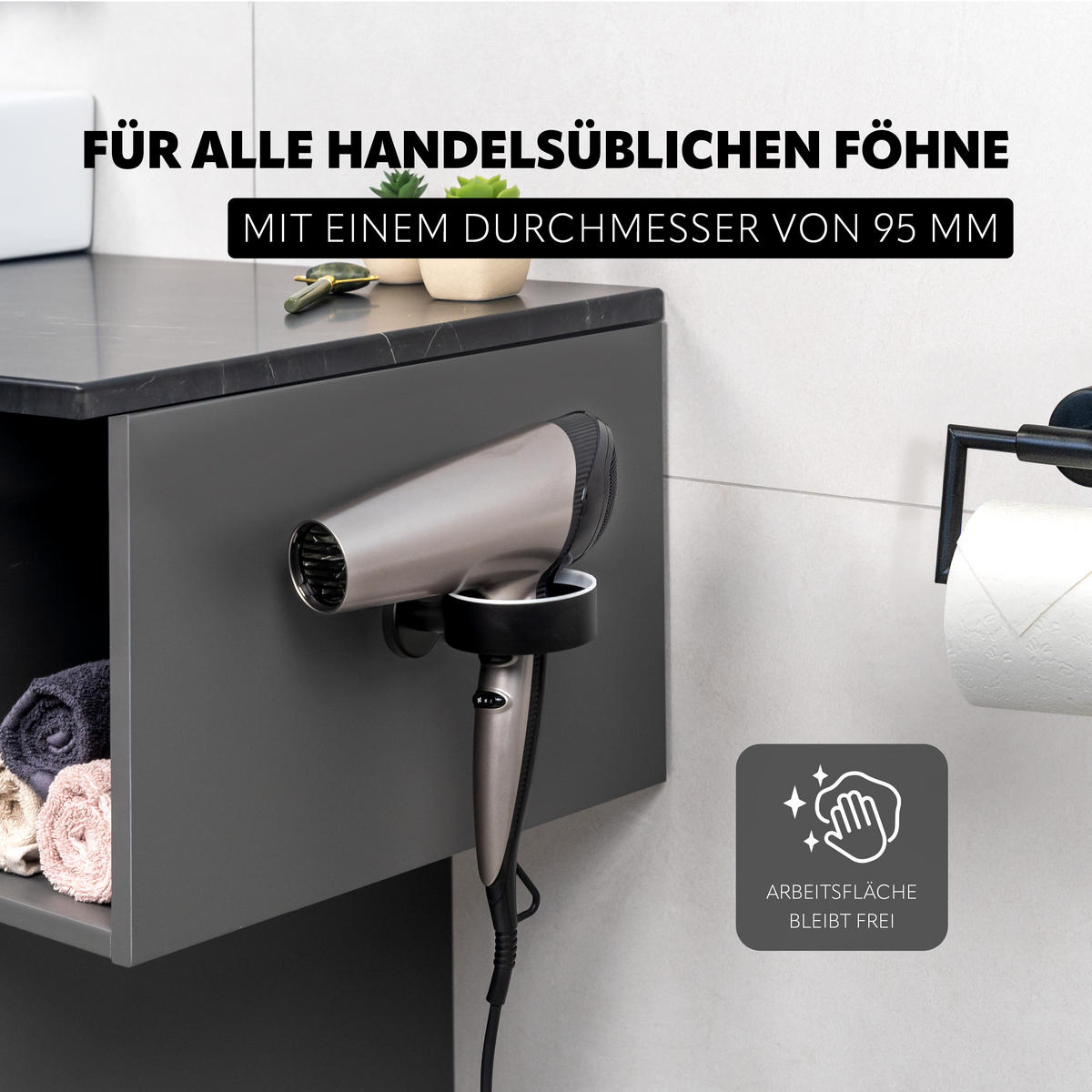HAARTROCKNERHALTER PIAZZA BLACK, schwarz, Edelstahl - Schwarz, Kunststoff (10/5.8/14.5cm) - bremermann