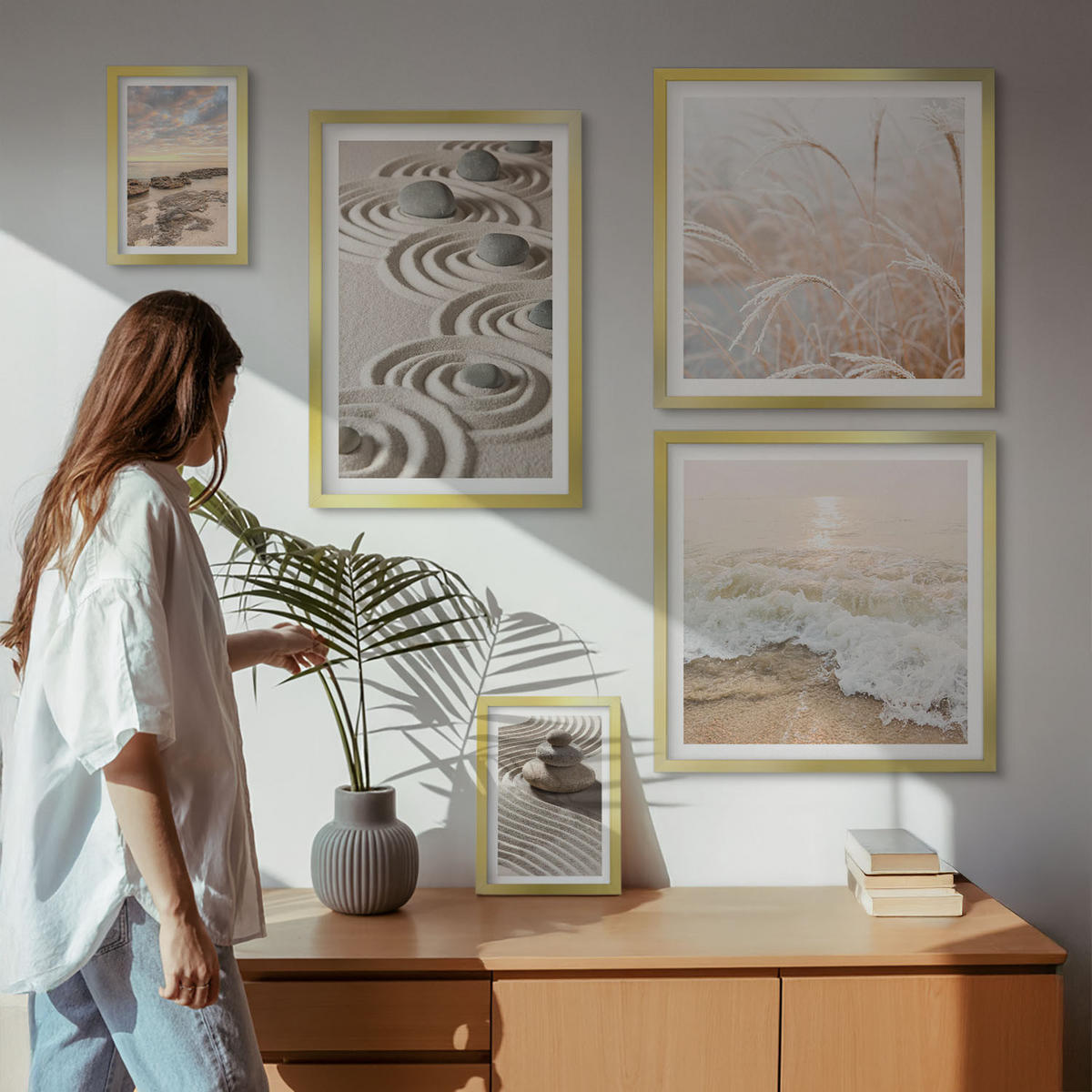 BILDER SET 5er Set - 50x50 cm & 20x30 cm & 40x60 cm Goldrahmen - Blumen im Wasser des Buddha-Wasserfalls - Goldfarben, Kunststoff (40/60cm) - TULUP