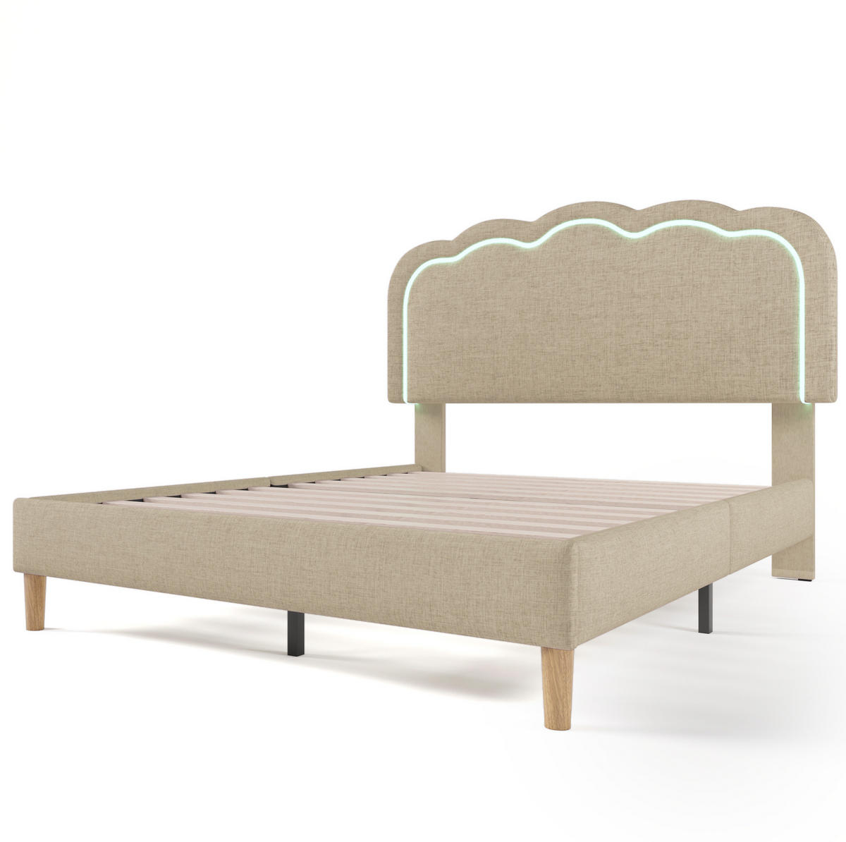 POLSTERBETT mit LED-Beleuchtung 140/200 cm, verstellbares Kopfteil, Beige - Beige, Textil (140/200cm) - BEAOK