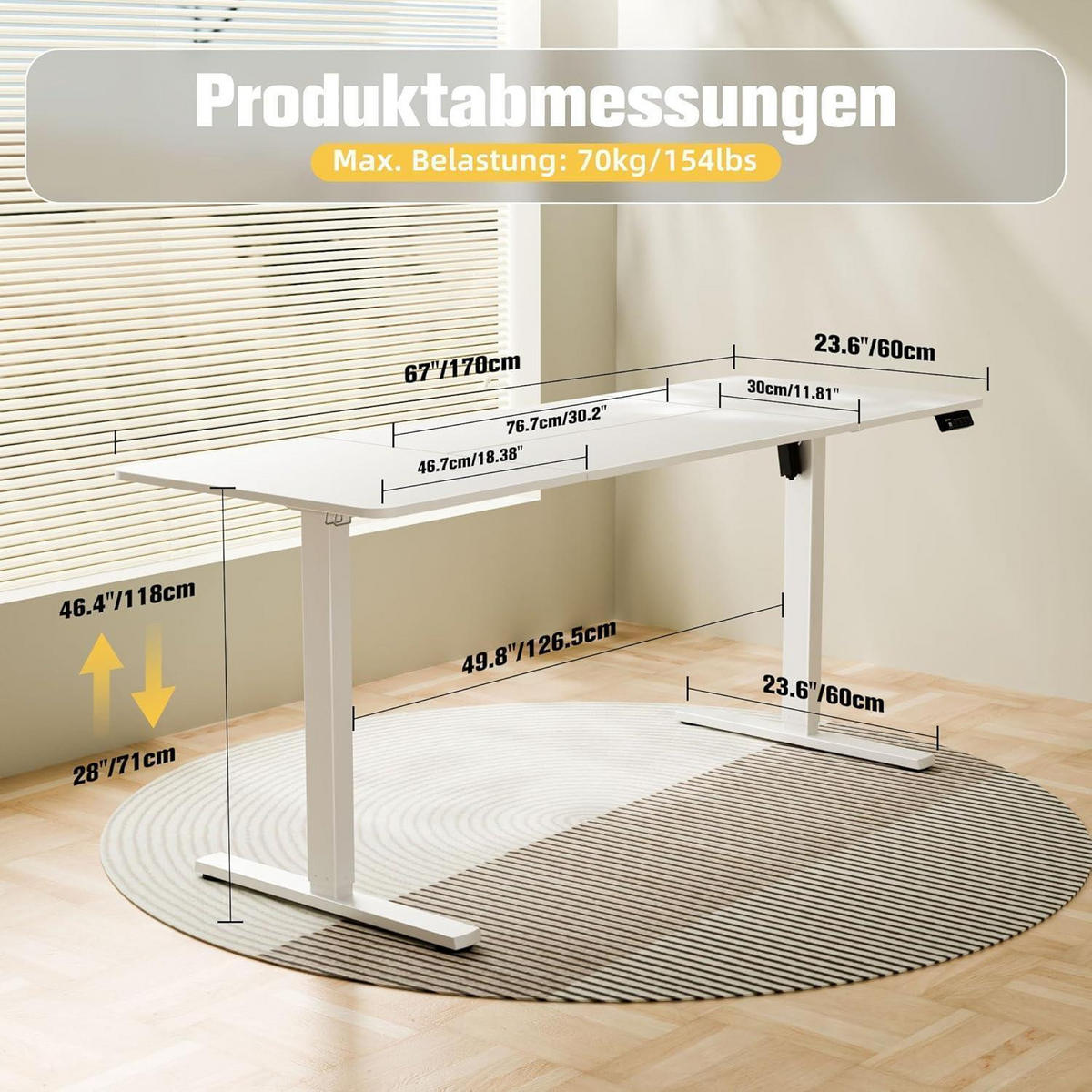 SCHREIBTISCH elektrisch höhenverstellbar 170 x 60 cm Weiß - Weiß, Metall (60/170/73cm)