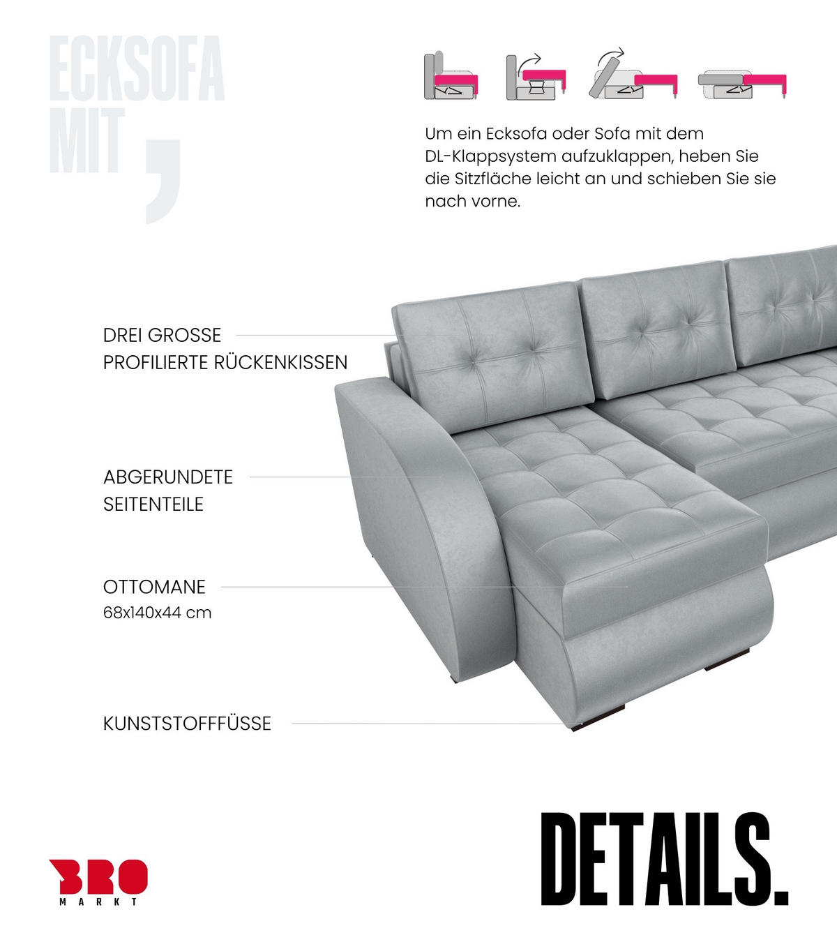 ECKSOFA Bergen mit Schlaffunktion Grau Samtstoff - Hellgrau, Textil (238/141cm) - Bromarkt