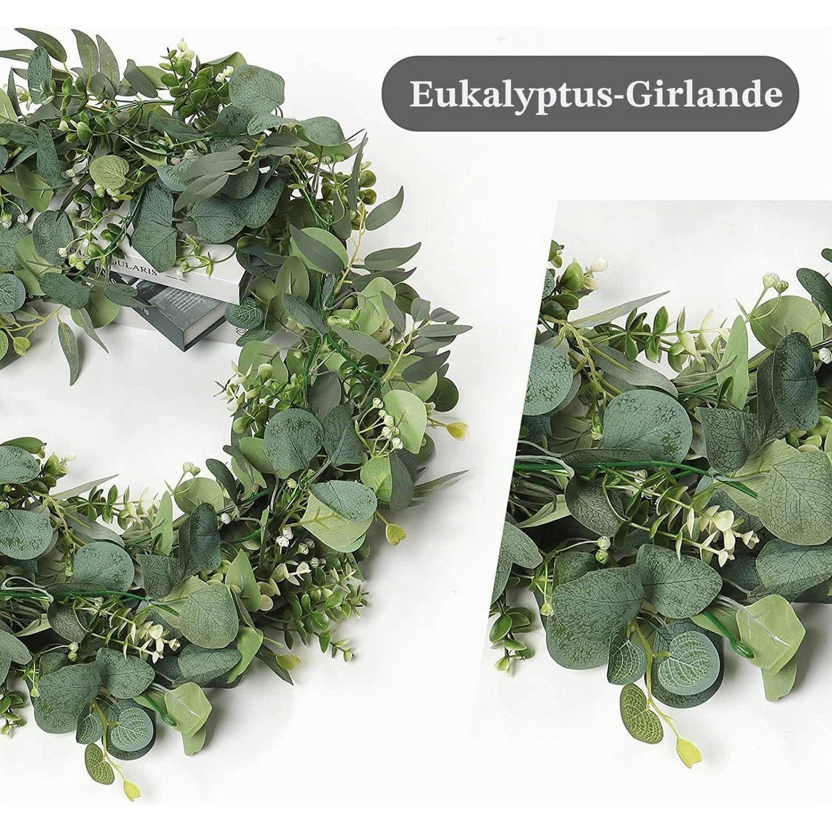 GIRLANDE 2-teiliges Set Eukalyptus mit weißen Blüten 170 cm - Grün, Kunststoff (180cm)