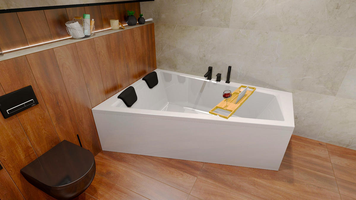 BADEWANNE Eckwanne INTIMA 150/85 Links + Schürze + Ablage + 2 Kopfstützen Ablauf Füße - Weiß, Kunststoff (85/55.5/150cm) - bad land