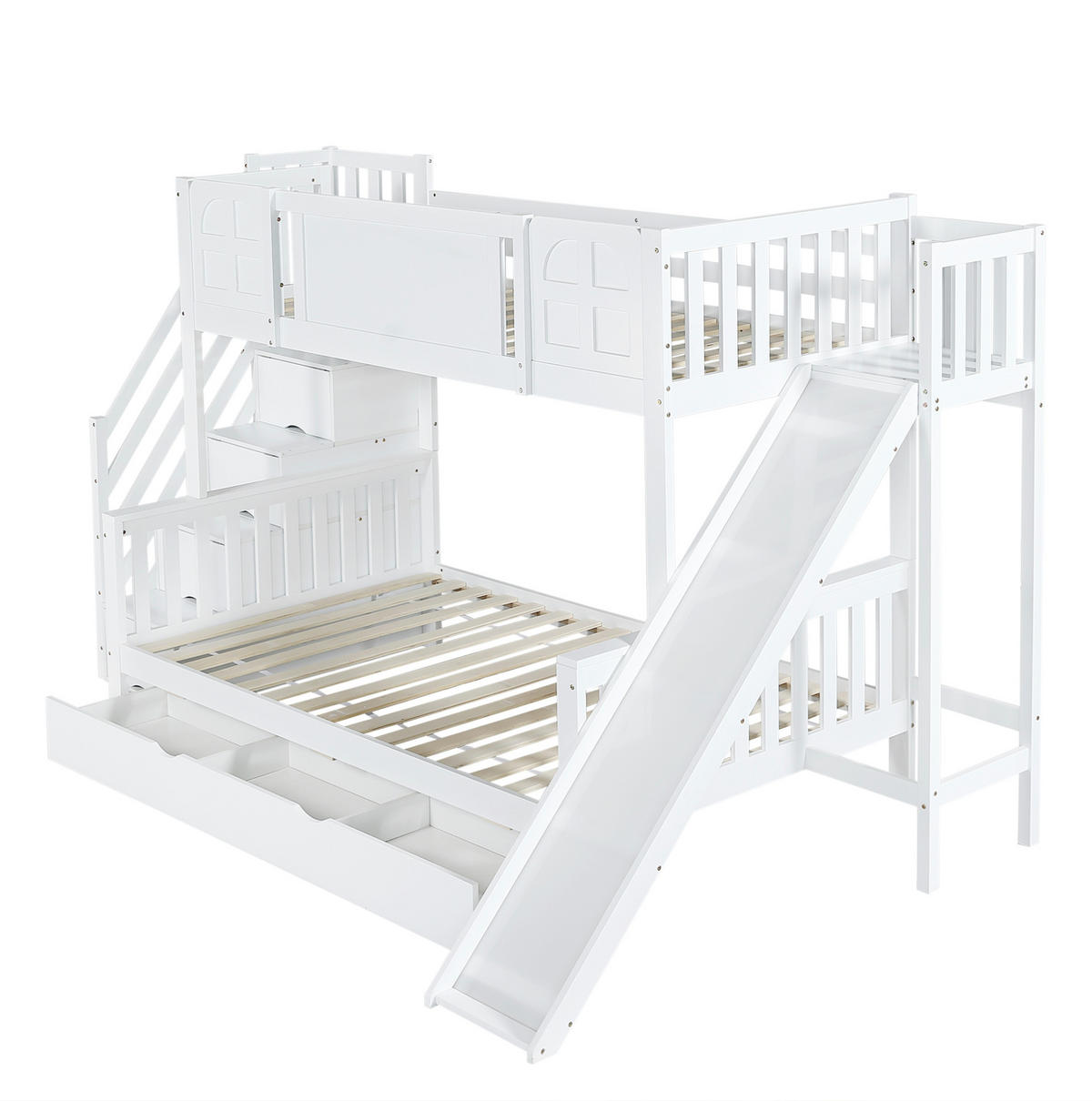 ETAGENBETT 90/200 & 120/200 cm in Weiß mit Rutsche und Stauraumtreppe - Weiß, Holzwerkstoff - BEAOK