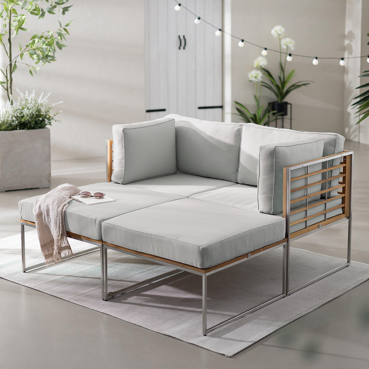 LOUNGESET - 4-teilig - Webstoff / Teak massiv - Hellgrau, Holz/Textil - home24