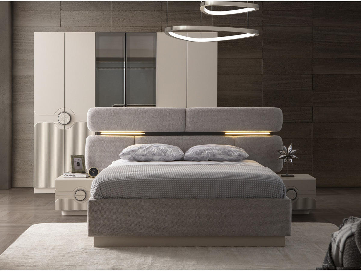 BETTANLAGE Sarmira Typ-3 Bett mit Kopfteil 2 Nachttischen und Kleiderschrank - Creme, Holzwerkstoff (160/200cm)