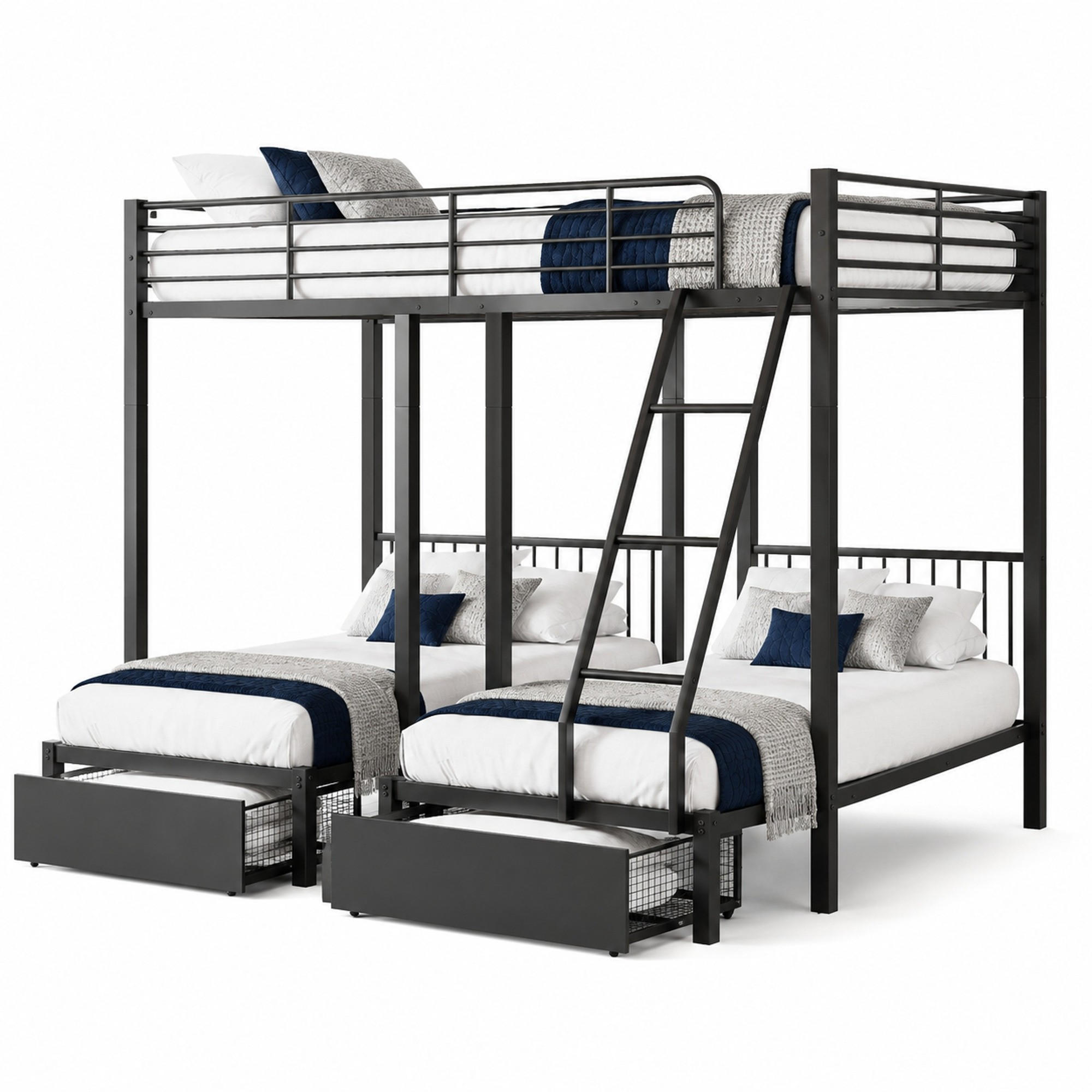 DREIBETTBETT mit Schubladen, teilbar, 246 x 206 x 177,8 cm, Metall, Schwarz - Schwarz, Metall (140/200cm) - Beauniv