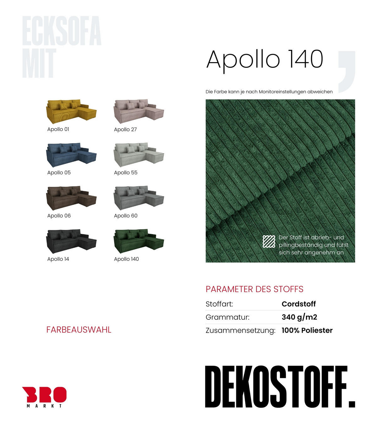 ECKSOFA Atlantic mit Schlaffunktion Grün Cord - Grün, Textil (238/141cm) - Bromarkt