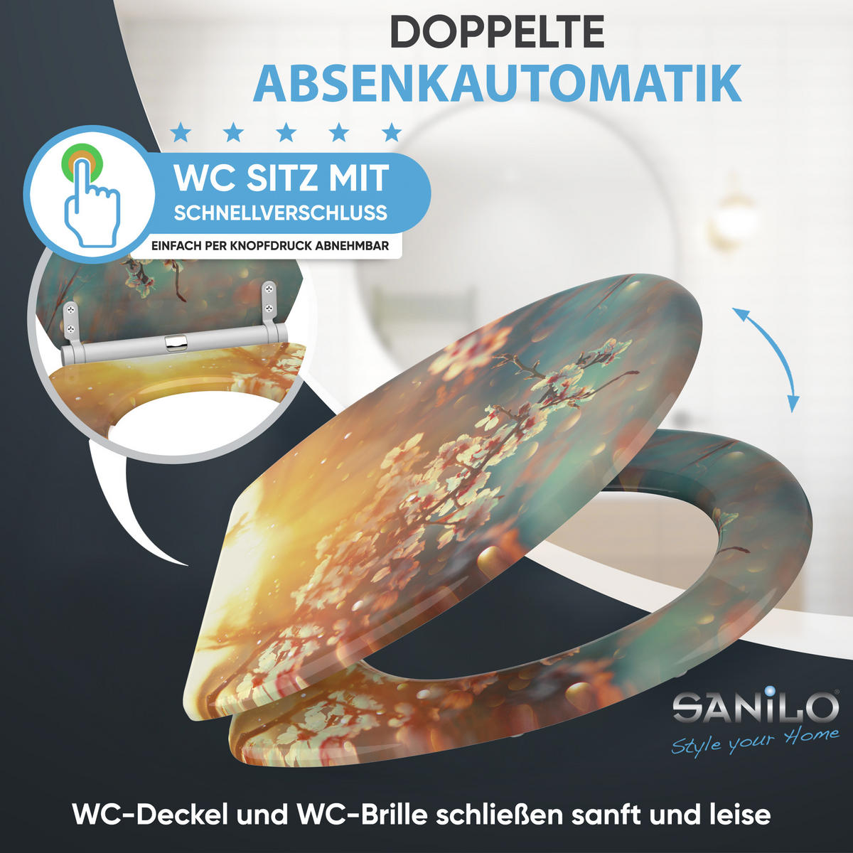 WC-SITZ mit Absenkautomatik & Top Fix Kirschblüte - Orange, Holzwerkstoff (37.7/5.5/48cm) - Sanilo
