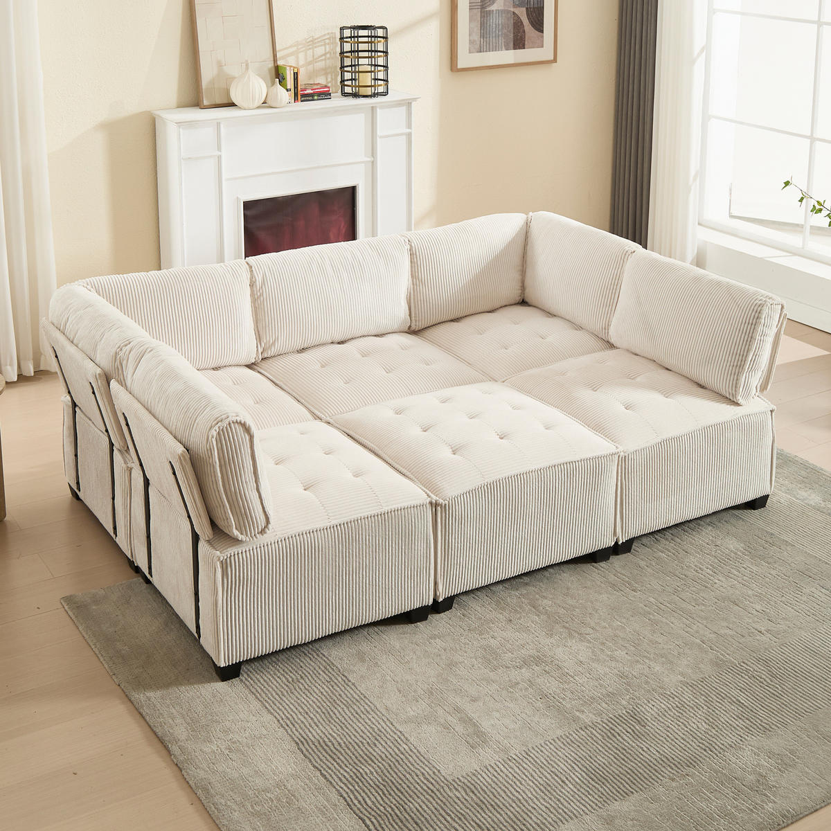 SOFA modular 308 x 154 cm Cord Beige 6-Sitzer - Beige, Kunststoff (154/82/308cm) - Meubliv