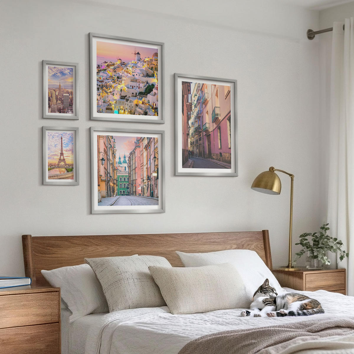 WANDBILDER 5er Set - 50x50 cm & 20x30 cm & 40x60 cm Silberner Rahmen - New York Paris Oia Warschau Dämmerung - Silberfarben, Kunststoff (40/60cm) - ArtPrintCave