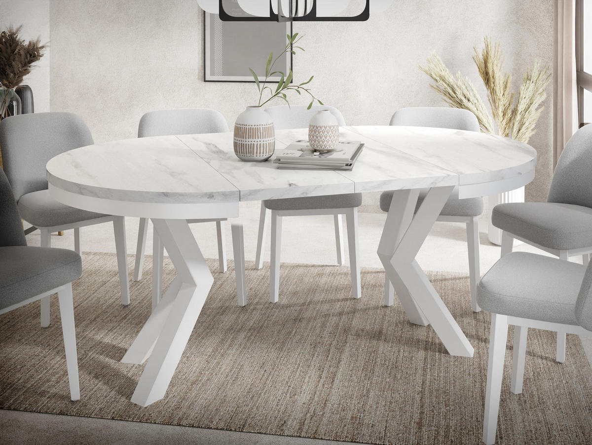 ESSTISCH Clara Weiß runder ausziehbarer, Marmor Weiß 120-200/120/76 cm - Ecru/Weiß, Holzwerkstoff/Metall (120/120/76cm) - WFL GROUP