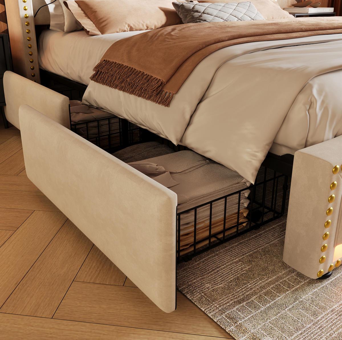 POLSTERBETT 160/200 cm Beige aus Samt mit LED-Beleuchtung - Beige, Leder (160/200cm) - OKMYHOME