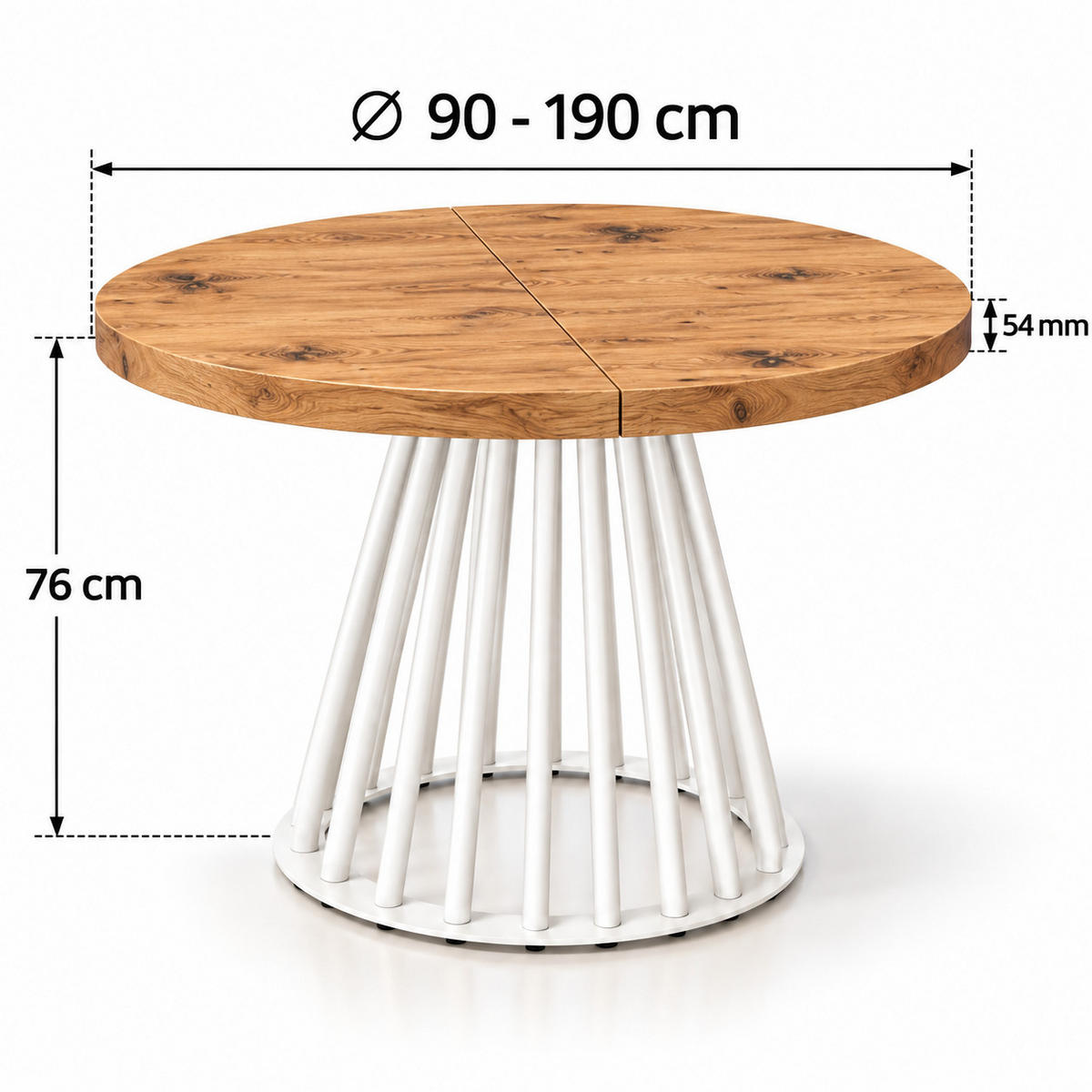 ESSTISCH rund ausziehbar 90/190/76 cm, Eiche Craft, 54 cm Tischplatte + Lamellen-Metallgestell Weiß - Eichefarben/Weiß, Holzwerkstoff/Metall (90/190/76cm) - Damale Möbel