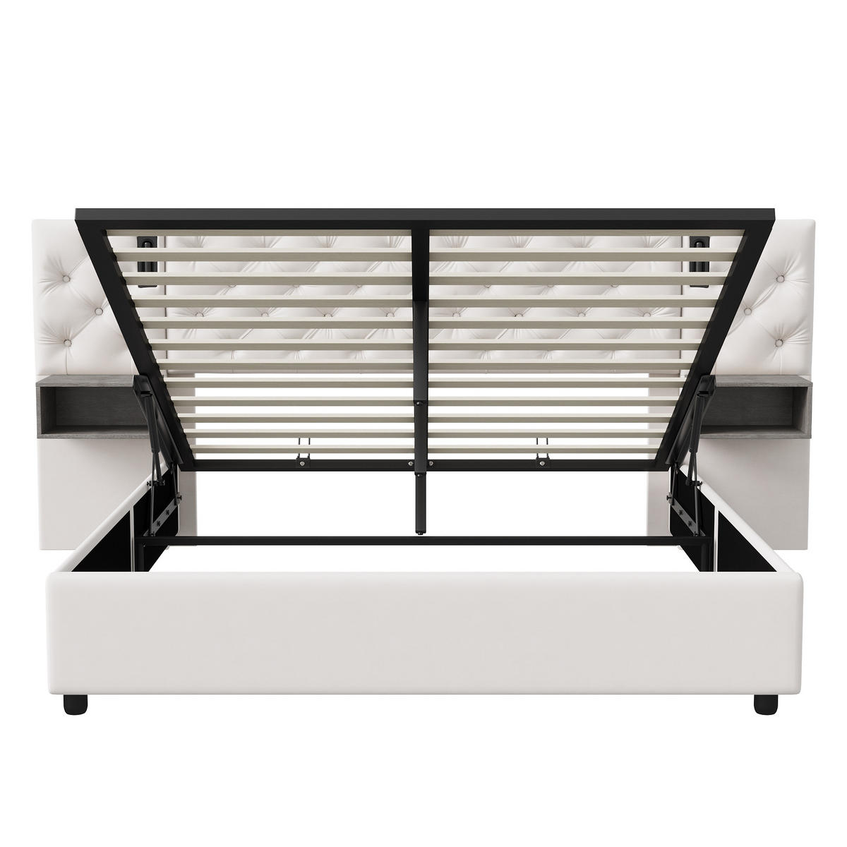 POLSTERBETT 140/200 cm mit Hydraulik-Bettkasten, seitlichen Ablagen, LED-Leuchten, USB-Anschluss und Chesterfield-Knopfsteppung - Beige, Holz/Metall (140/200cm) - Joyfair