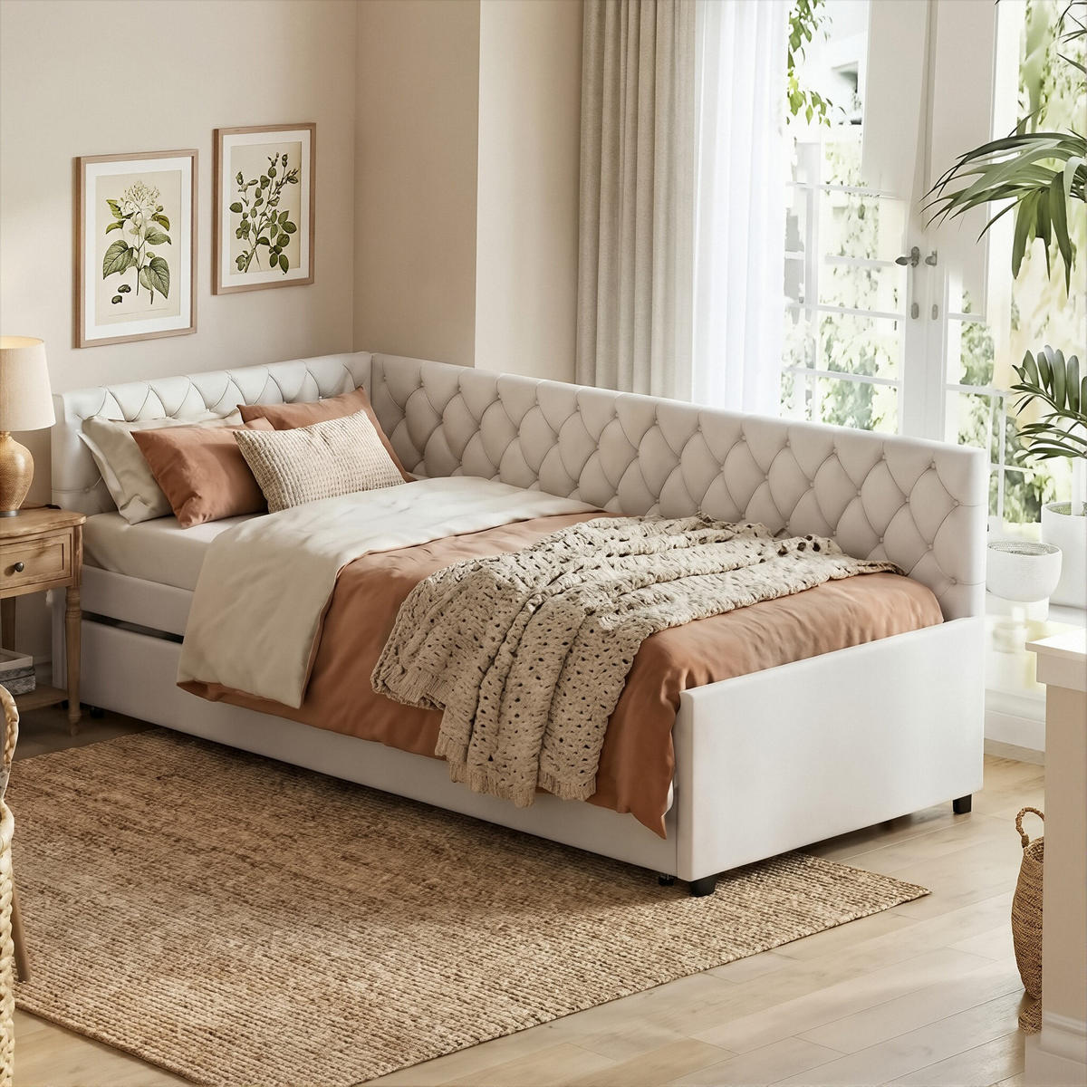 POLSTERBETT Tagesbett 90/200 cm mit Ausziehbarer Tandemliege Samtoptik Beige - Beige, Textil (90/200cm) - Creahappy