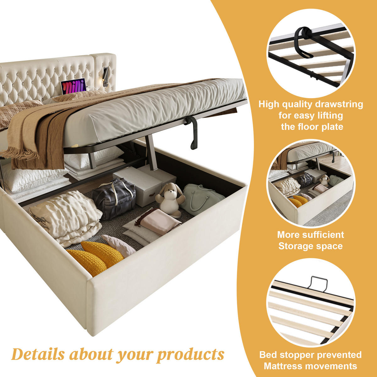 POLSTERBETT 160x200 Beige Samt 2 Nachttische LED USB - Beige, Textil (160/200cm) - FLIEKS